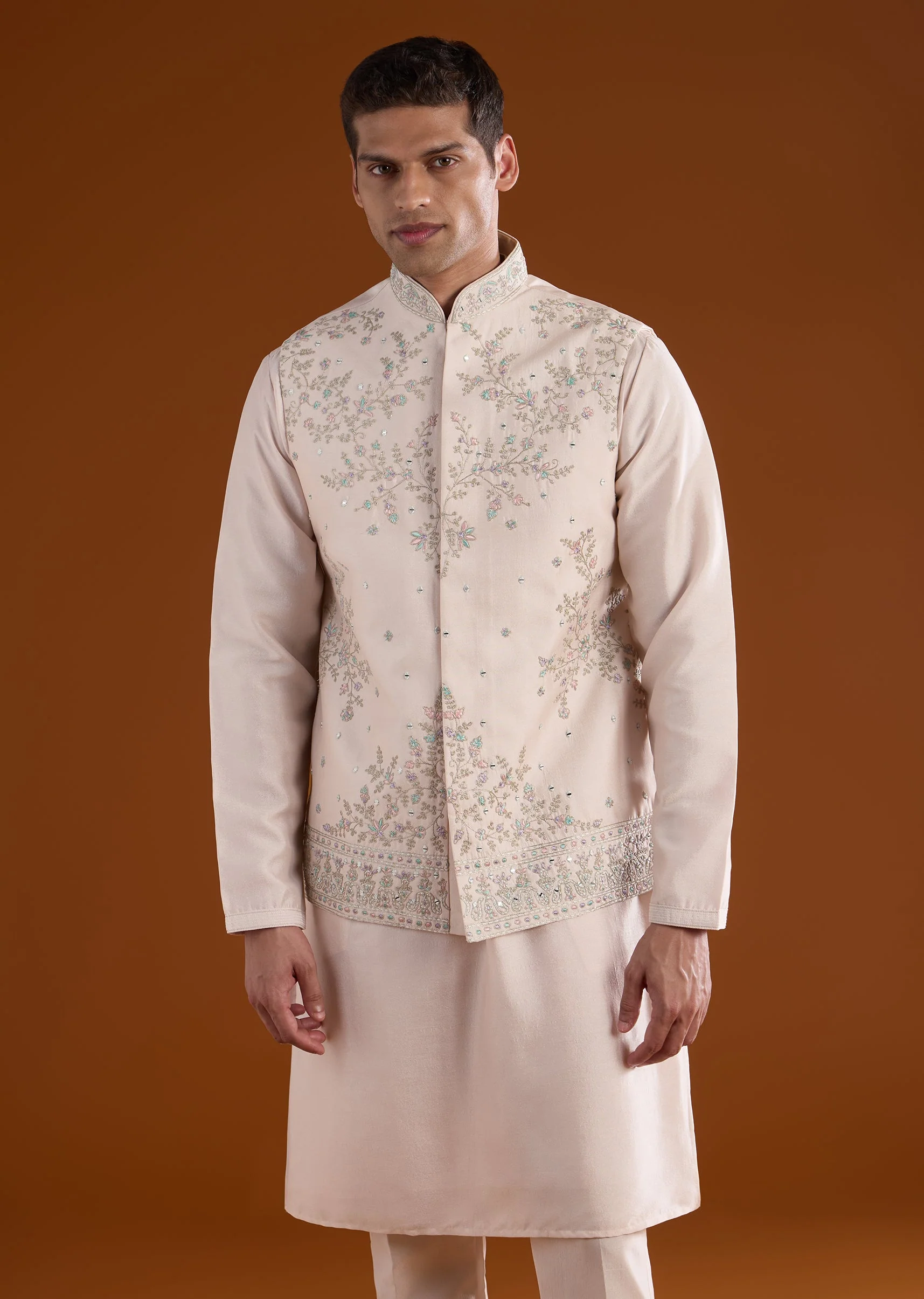 Peach Silk Mens Kurta Jacket Set With Thread Mirror And Motif Work - Image 4