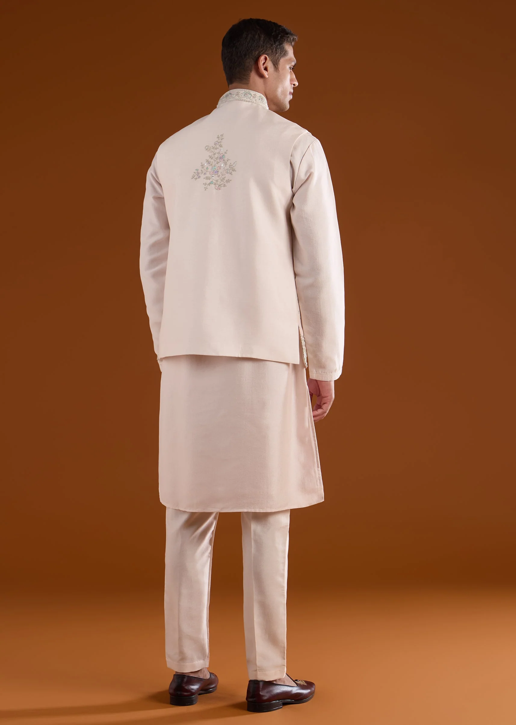 Peach Silk Mens Kurta Jacket Set With Thread Mirror And Motif Work - Image 5