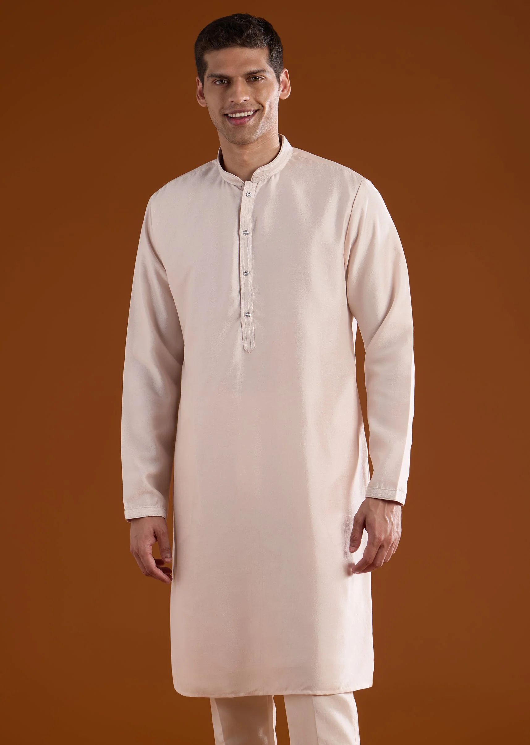 Peach Silk Mens Kurta Jacket Set With Thread Mirror And Motif Work - Image 6