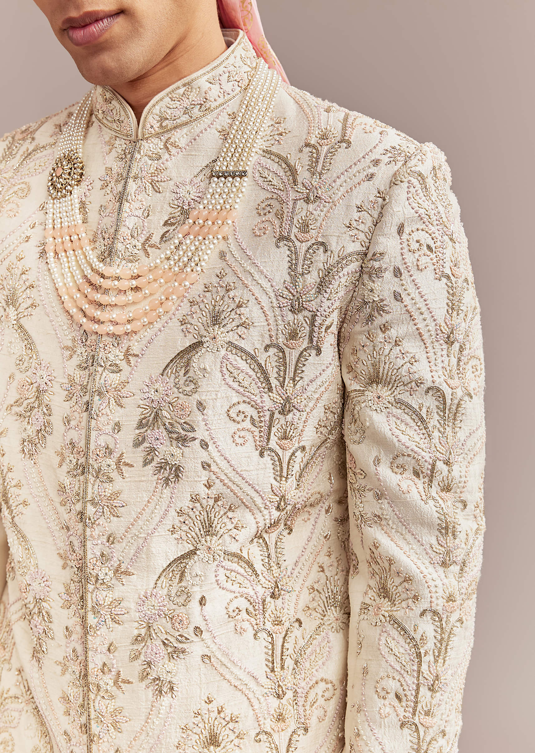 Peach Silk Sherwani For Groom With Pastel Floral Embroidery - Image 2