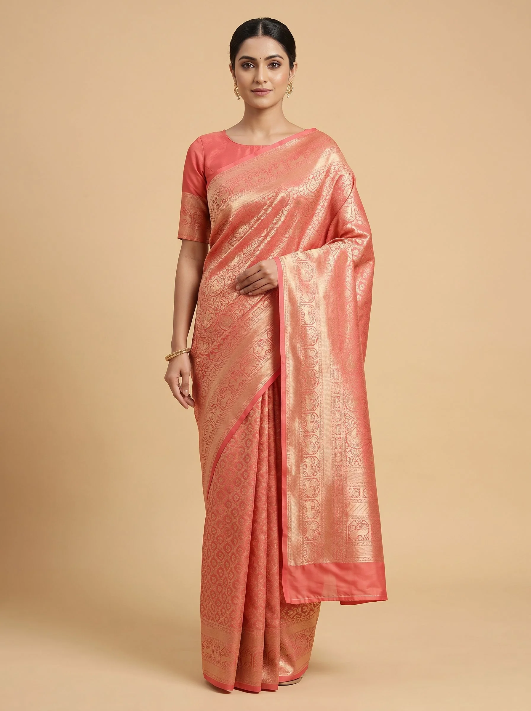 Peach Soft Thread Handloom Saree