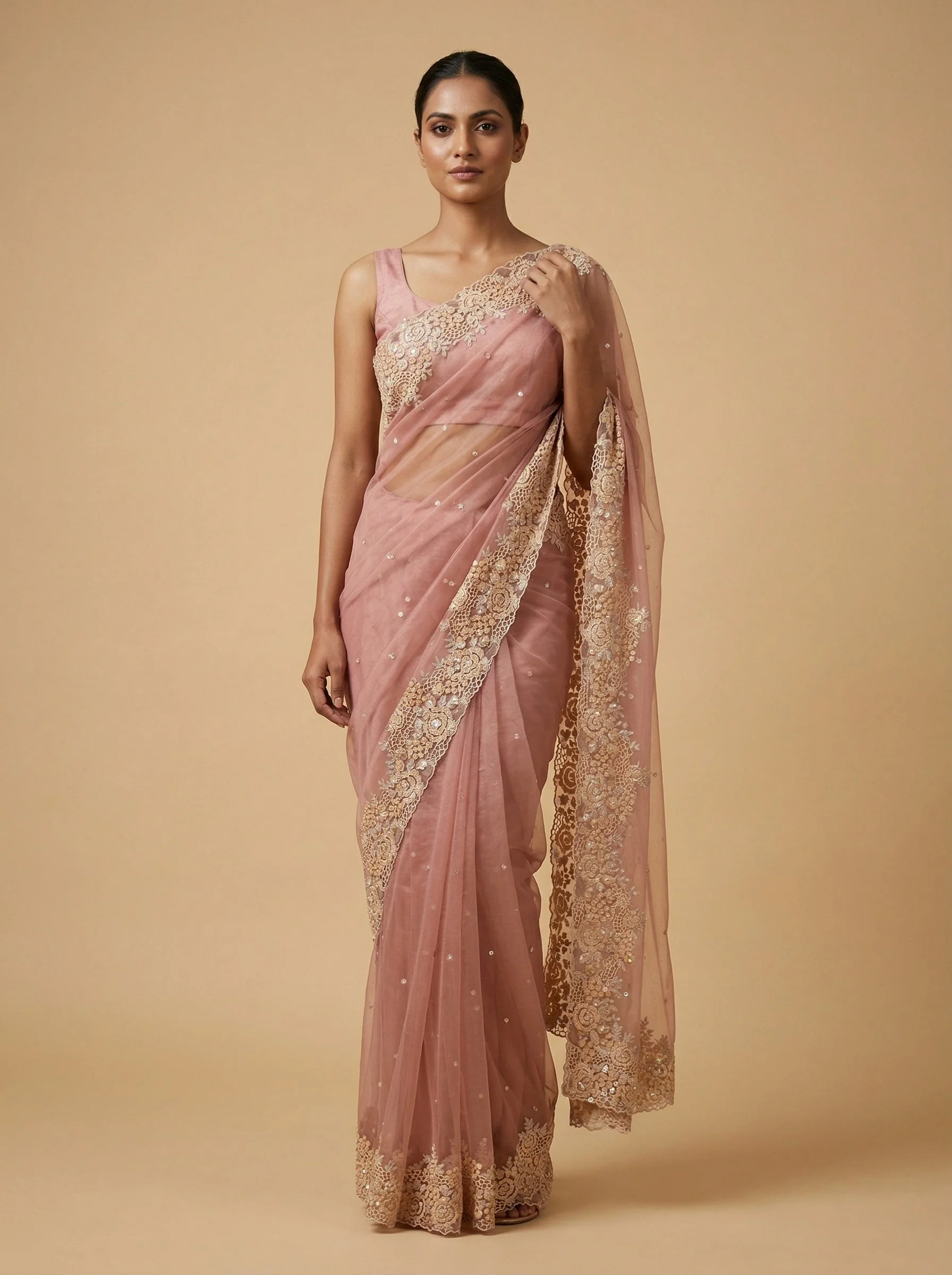 Peach Spellbinding Embroidered Saree