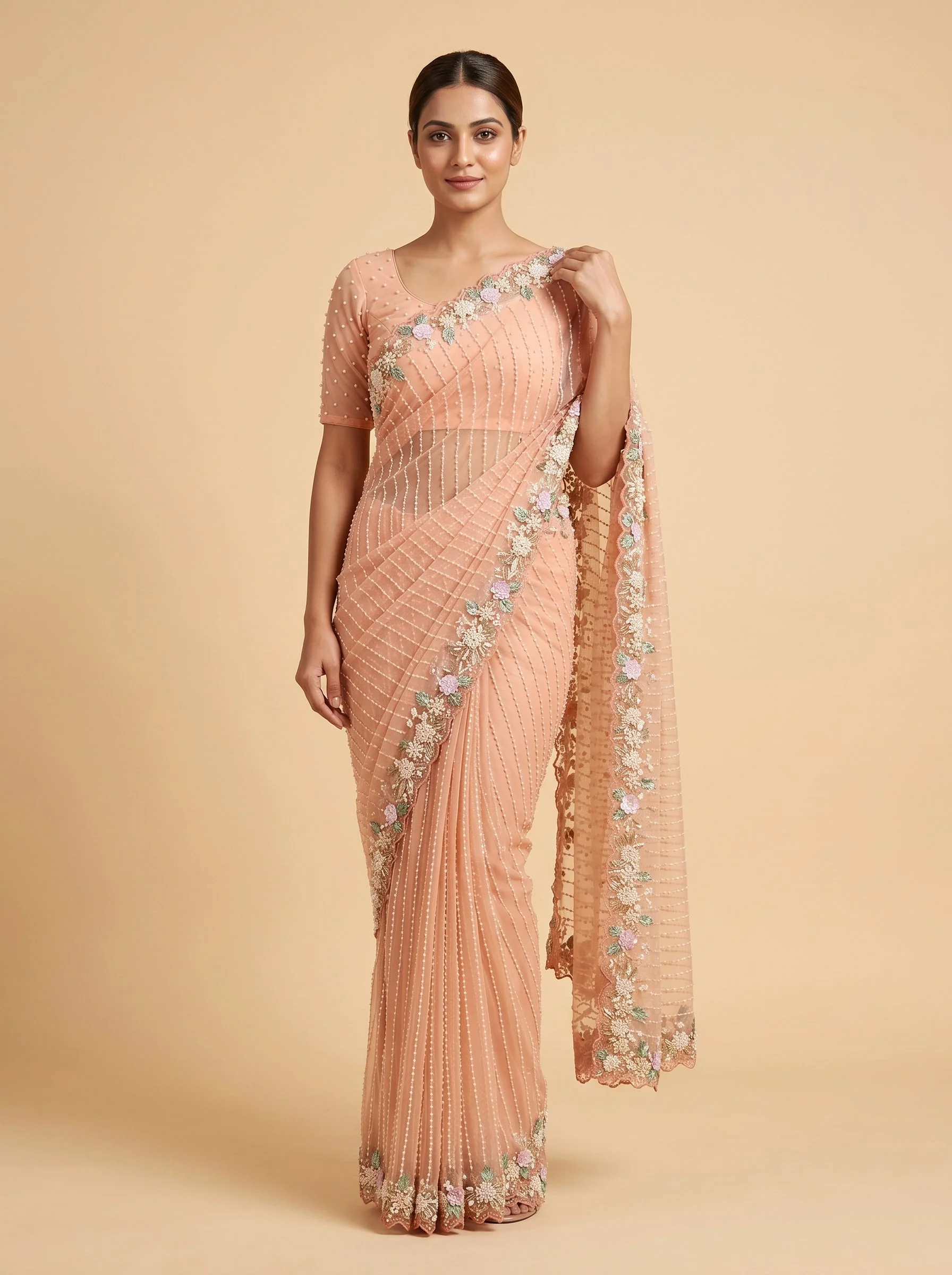 Peach Subtle Detail Embroidered Saree