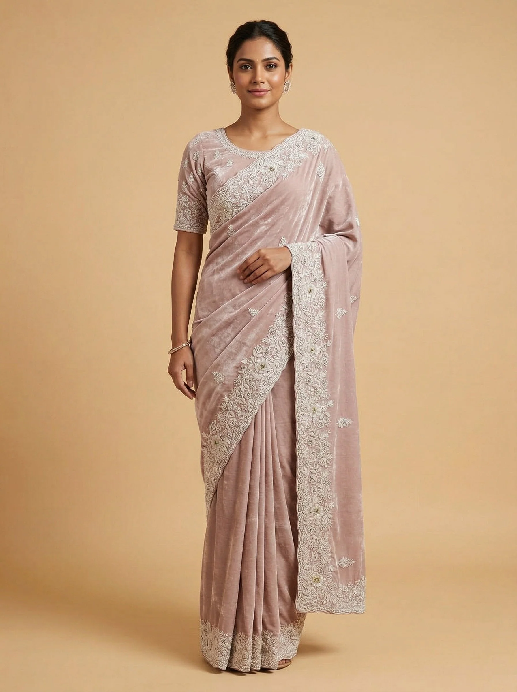 Peach Sugared Embroidered Saree