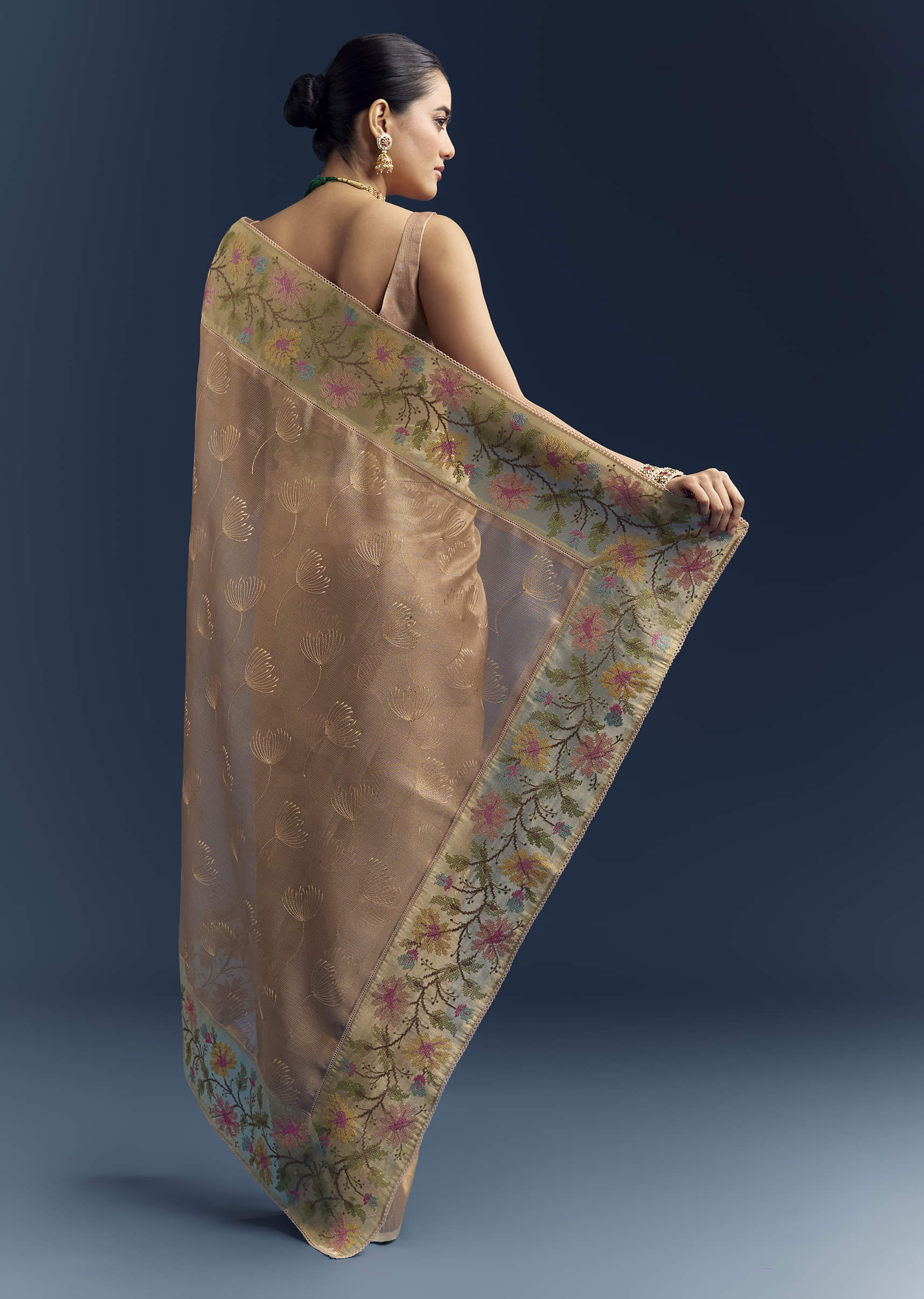 Peach Tissue Chanderi Silk Saree With Floral Resham Work - Image 4