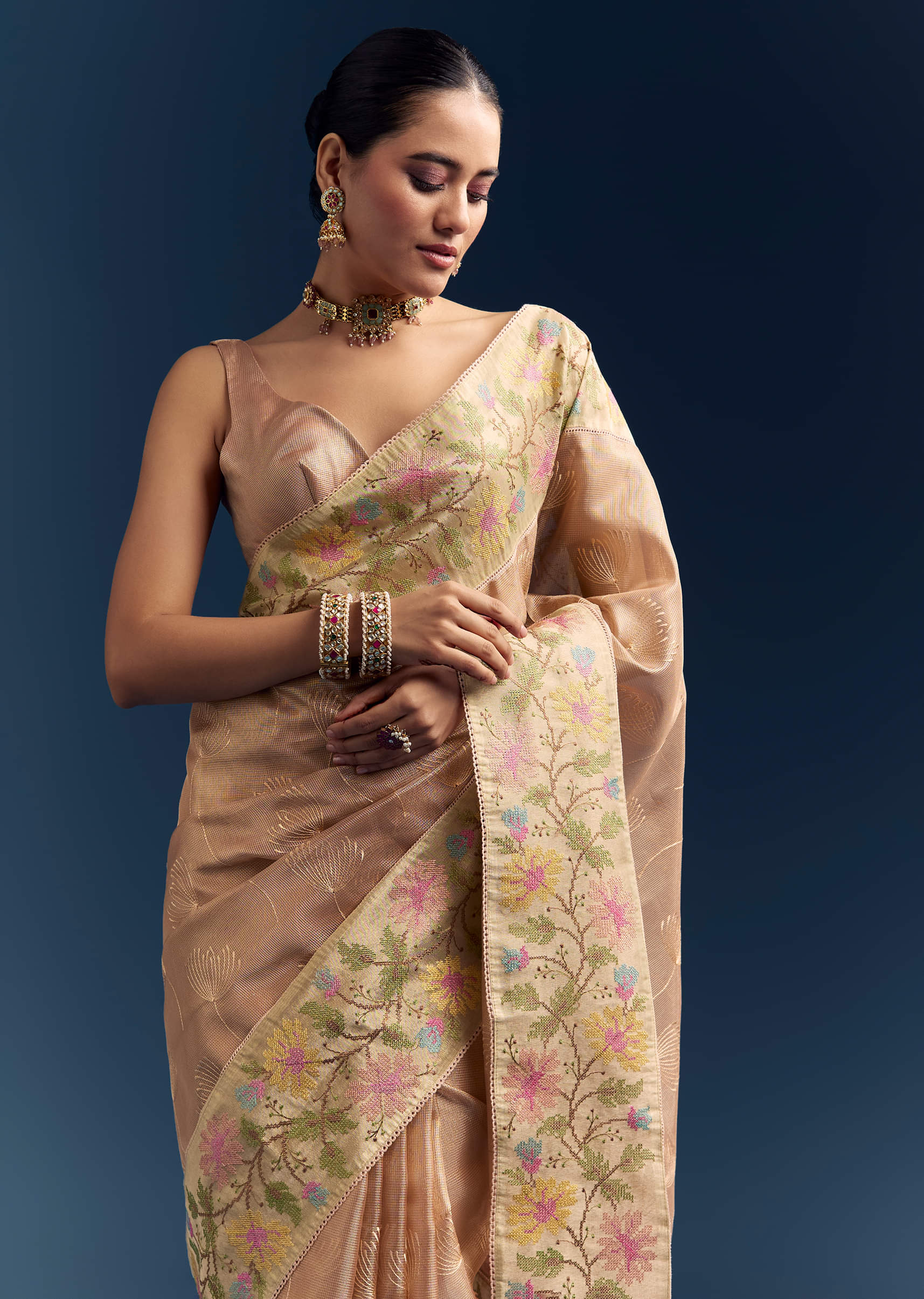 Peach Tissue Chanderi Silk Saree With Floral Resham Work - Image 5