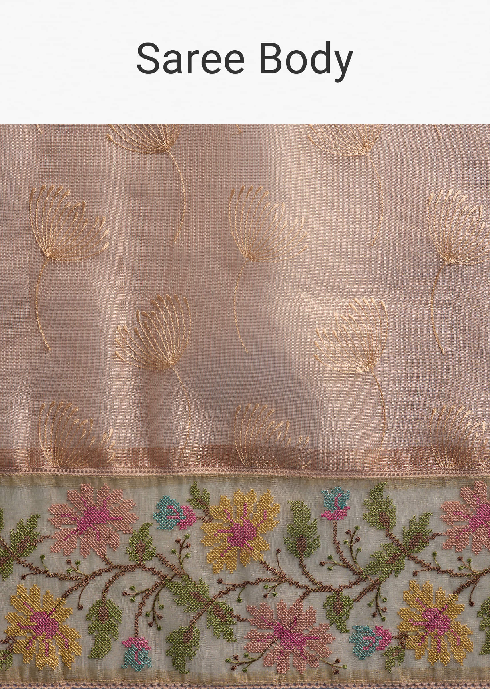 Peach Tissue Chanderi Silk Saree With Floral Resham Work - Image 9