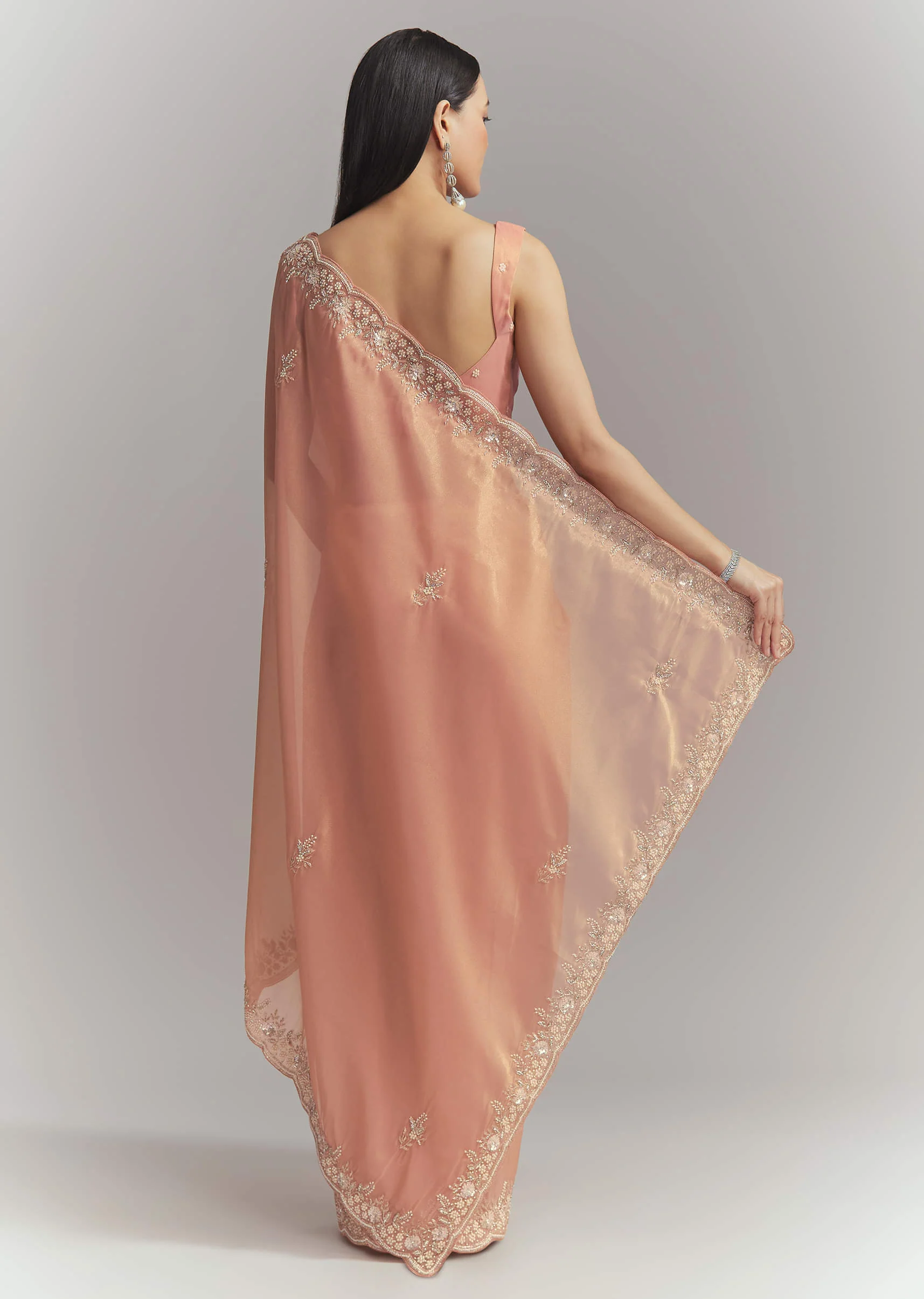 Peach Tissue Embroidered Saree With Heavy Hand Embroidery - Image 4