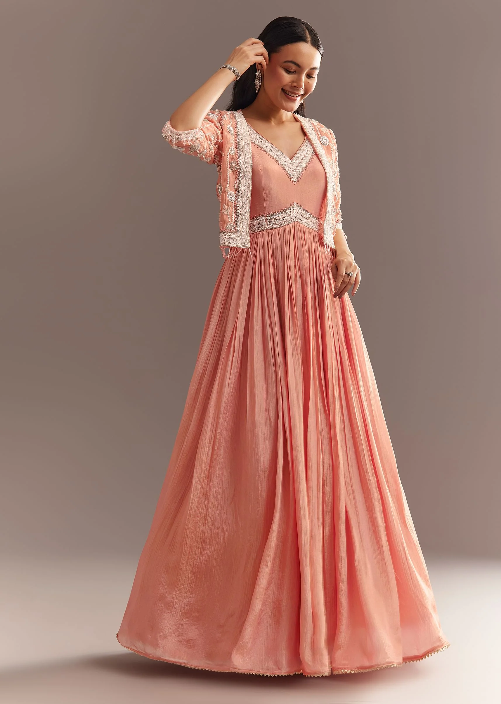 Peach Tissue Gown With Embroidered Jacket - Image 2