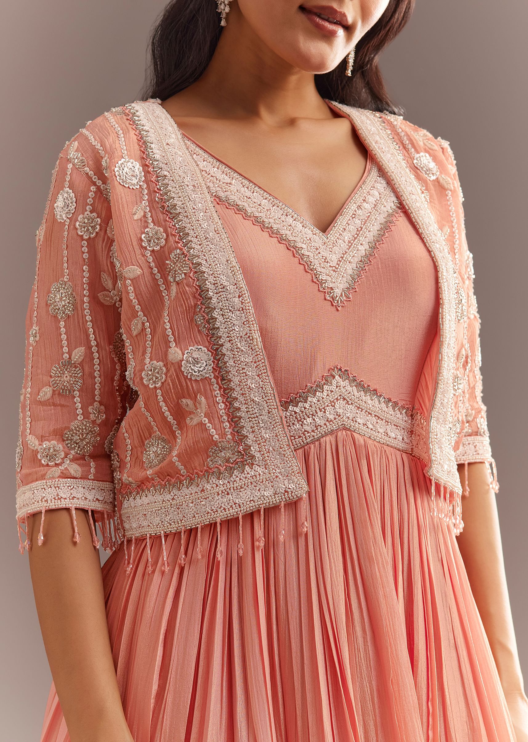 Peach Tissue Gown With Embroidered Jacket - Image 3
