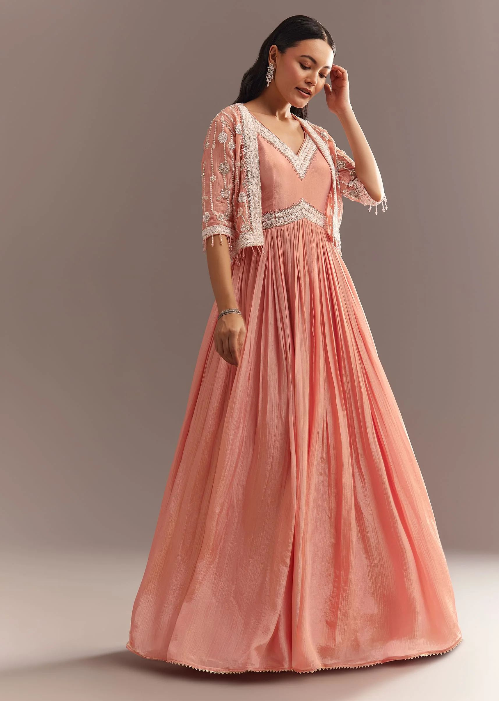 Peach Tissue Gown With Embroidered Jacket - Image 4