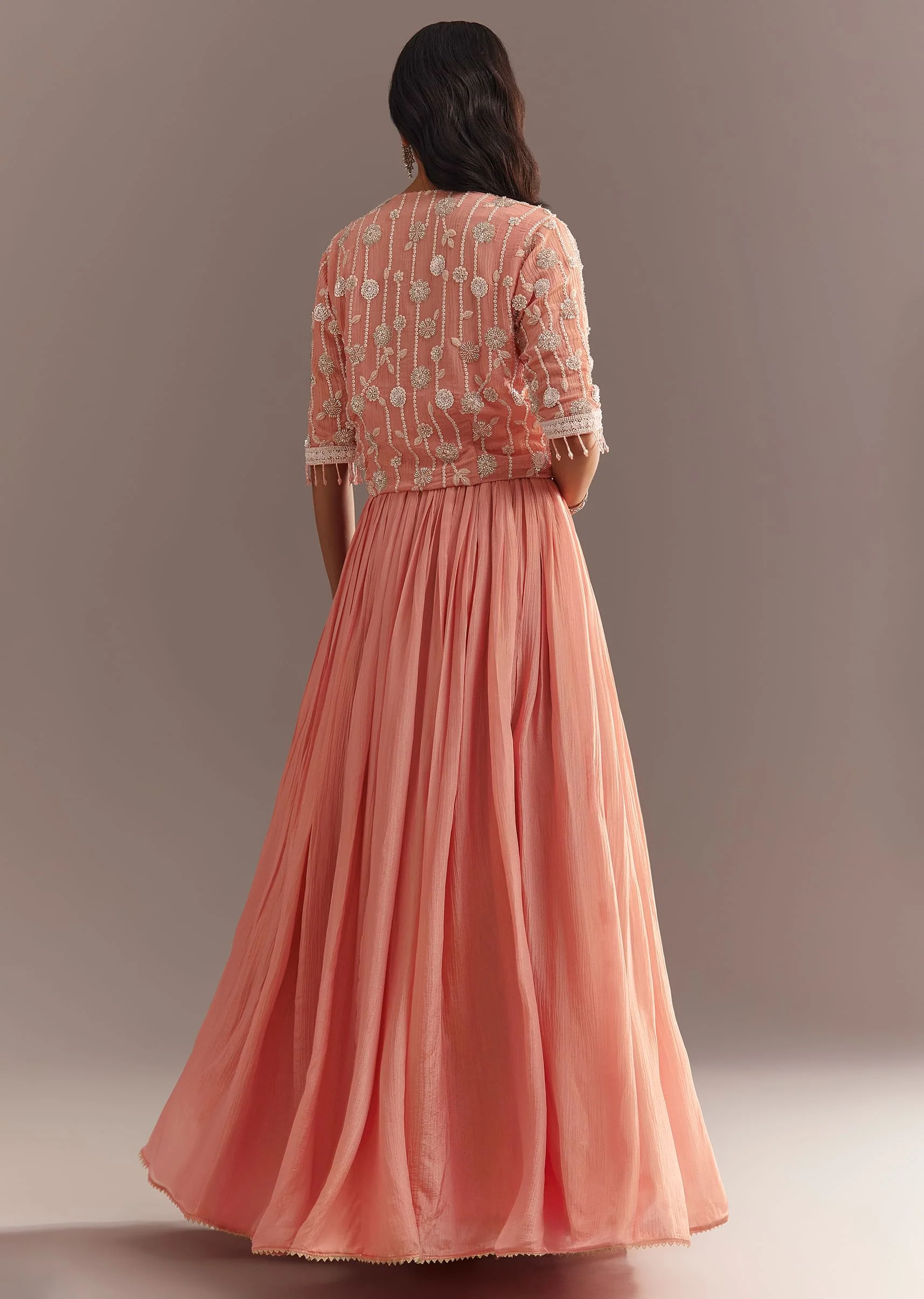 Peach Tissue Gown With Embroidered Jacket - Image 5