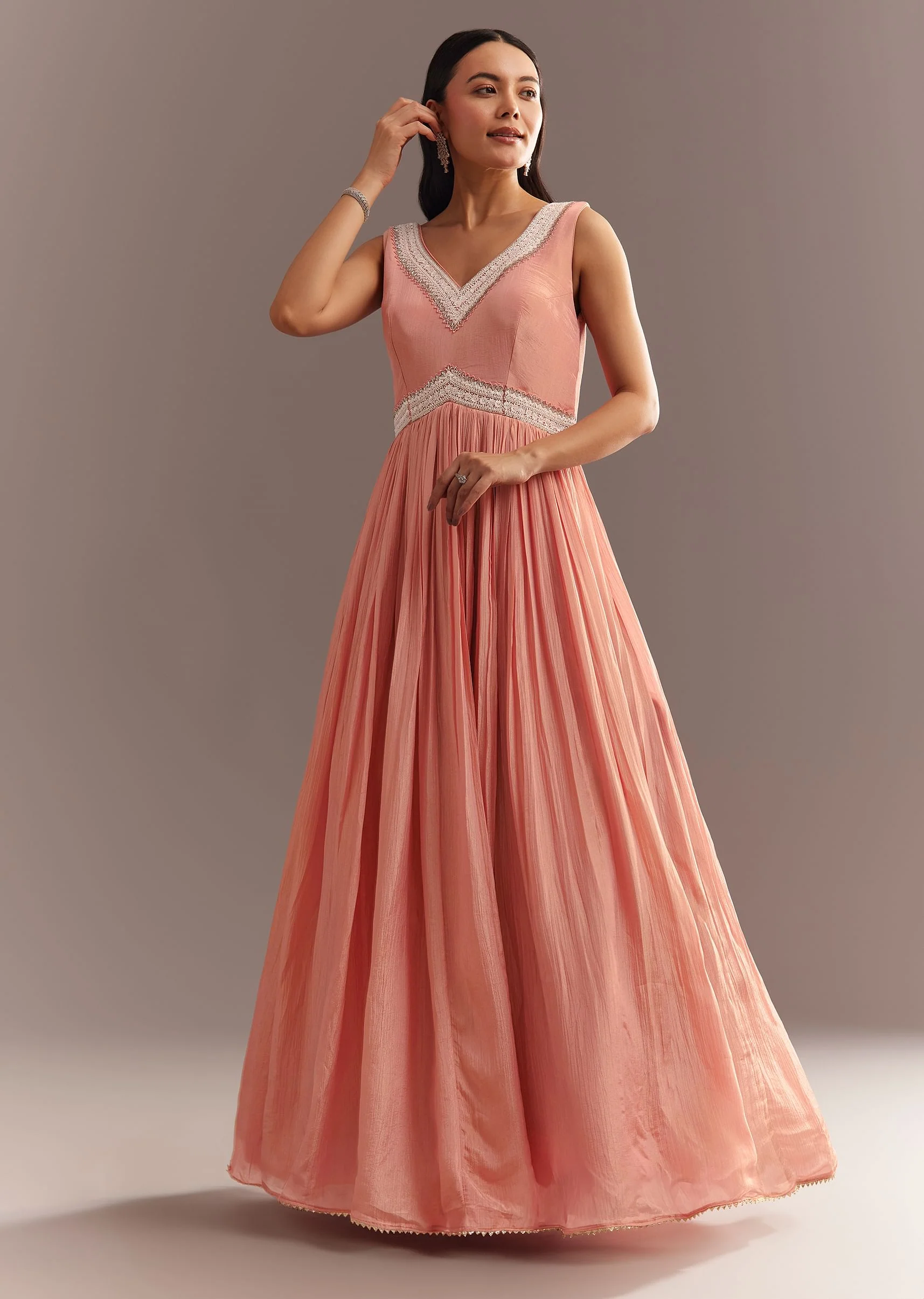 Peach Tissue Gown With Embroidered Jacket - Image 6