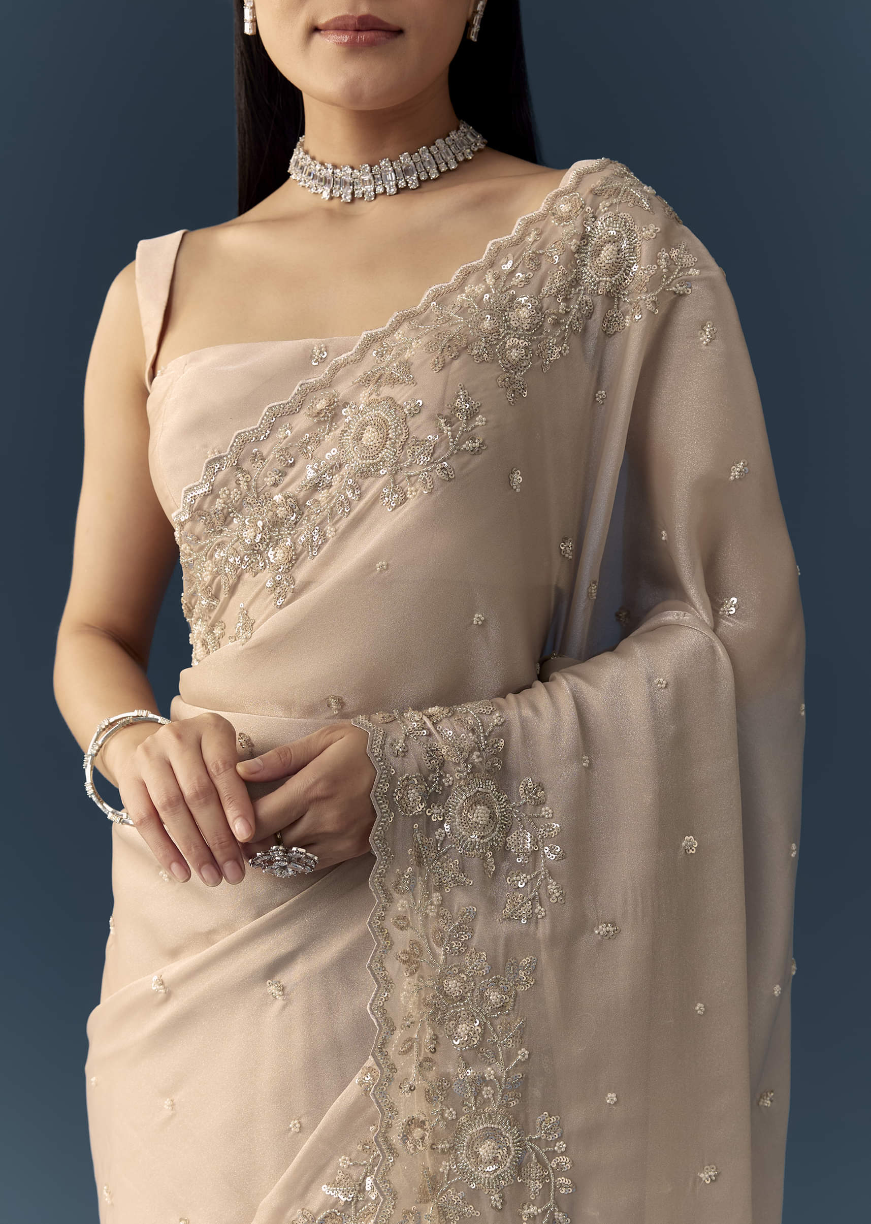 Peach Tissue Organza Cutwork Saree with Unstitched Blouse Fabric - Image 2