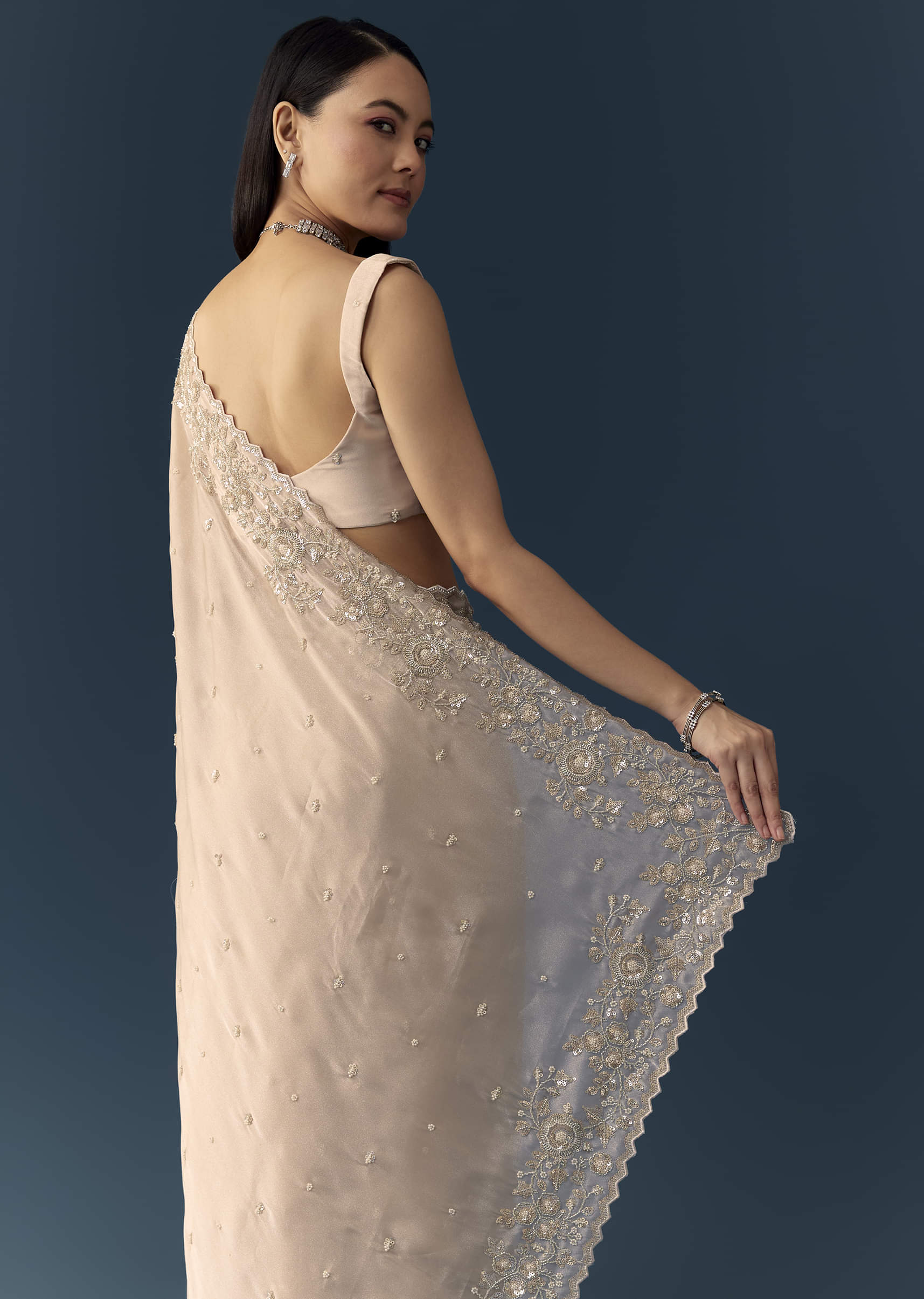 Peach Tissue Organza Cutwork Saree with Unstitched Blouse Fabric - Image 6