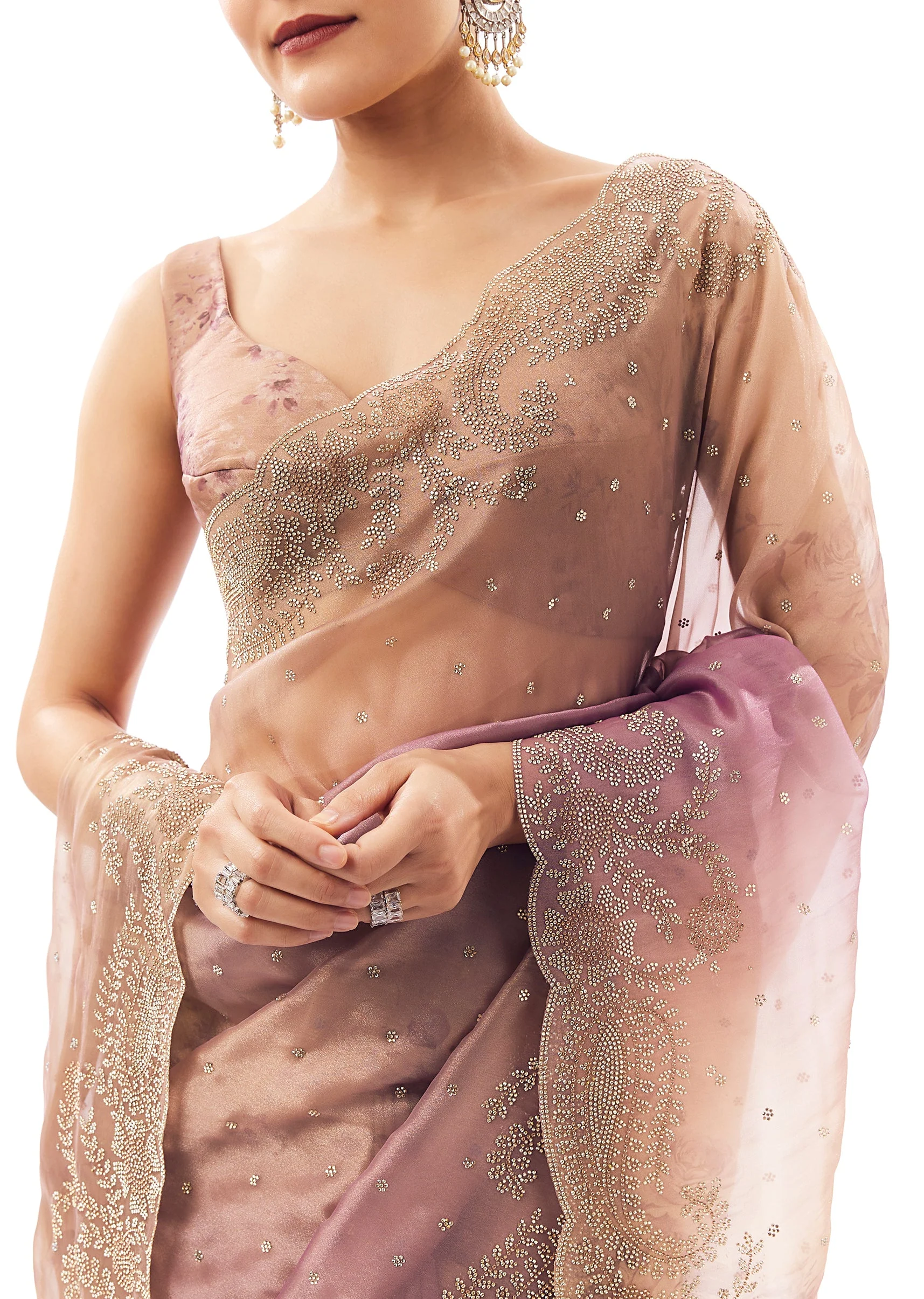 Peach Tissue Organza Stone Embellished Saree - Image 2