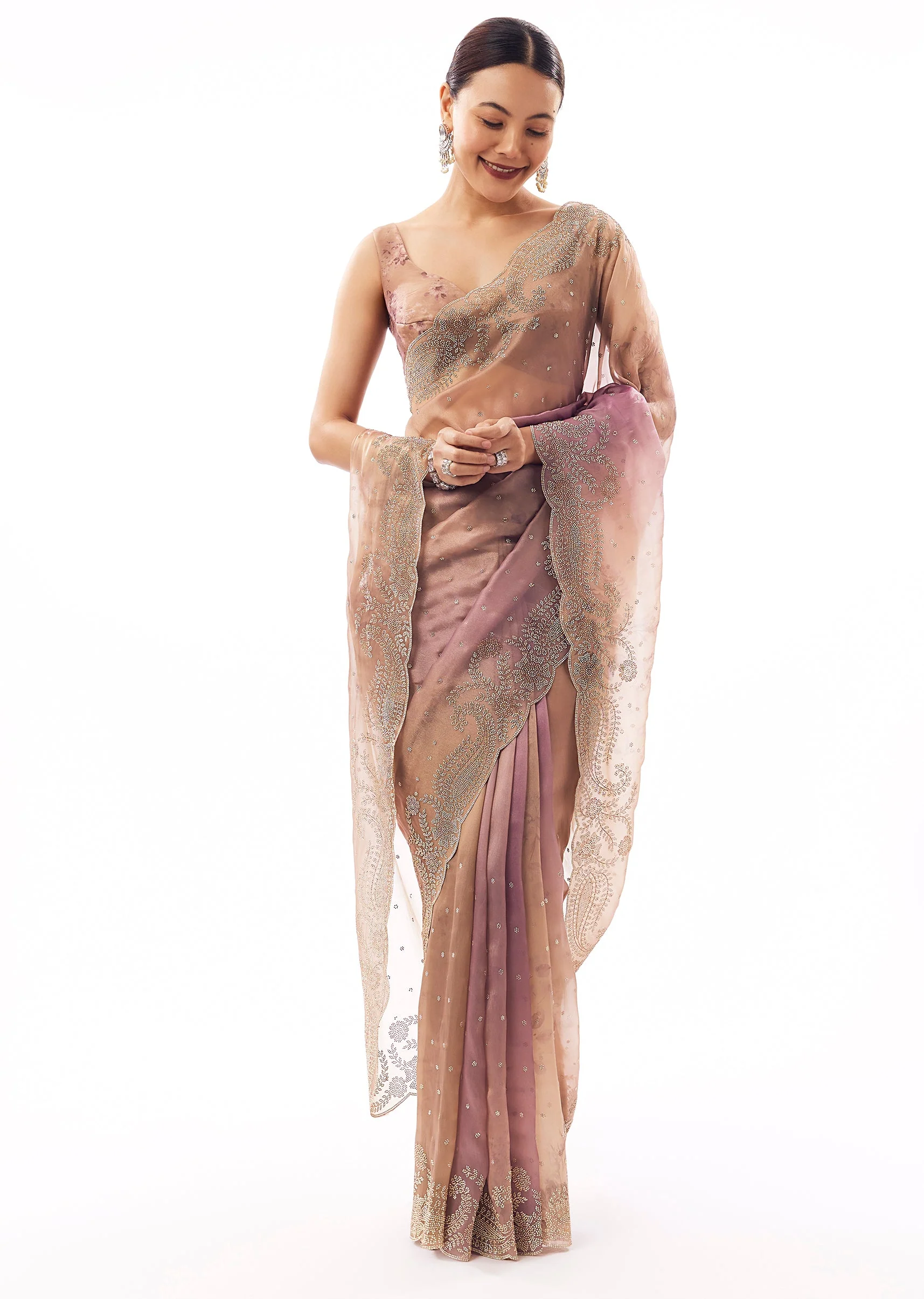 Peach Tissue Organza Stone Embellished Saree - Image 3
