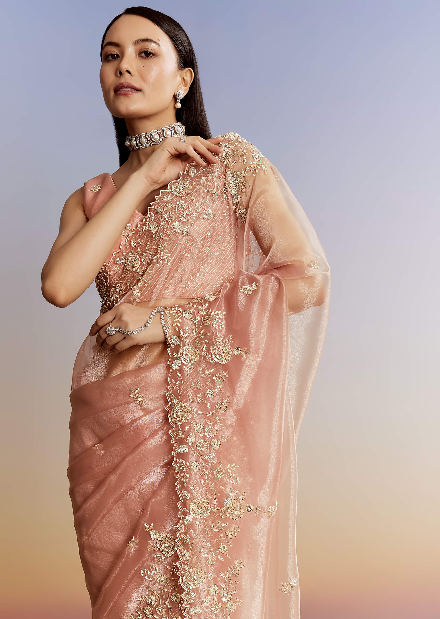 Peach Tissue Saree With Floral Moti And Cutdana Embroidery - Image 5