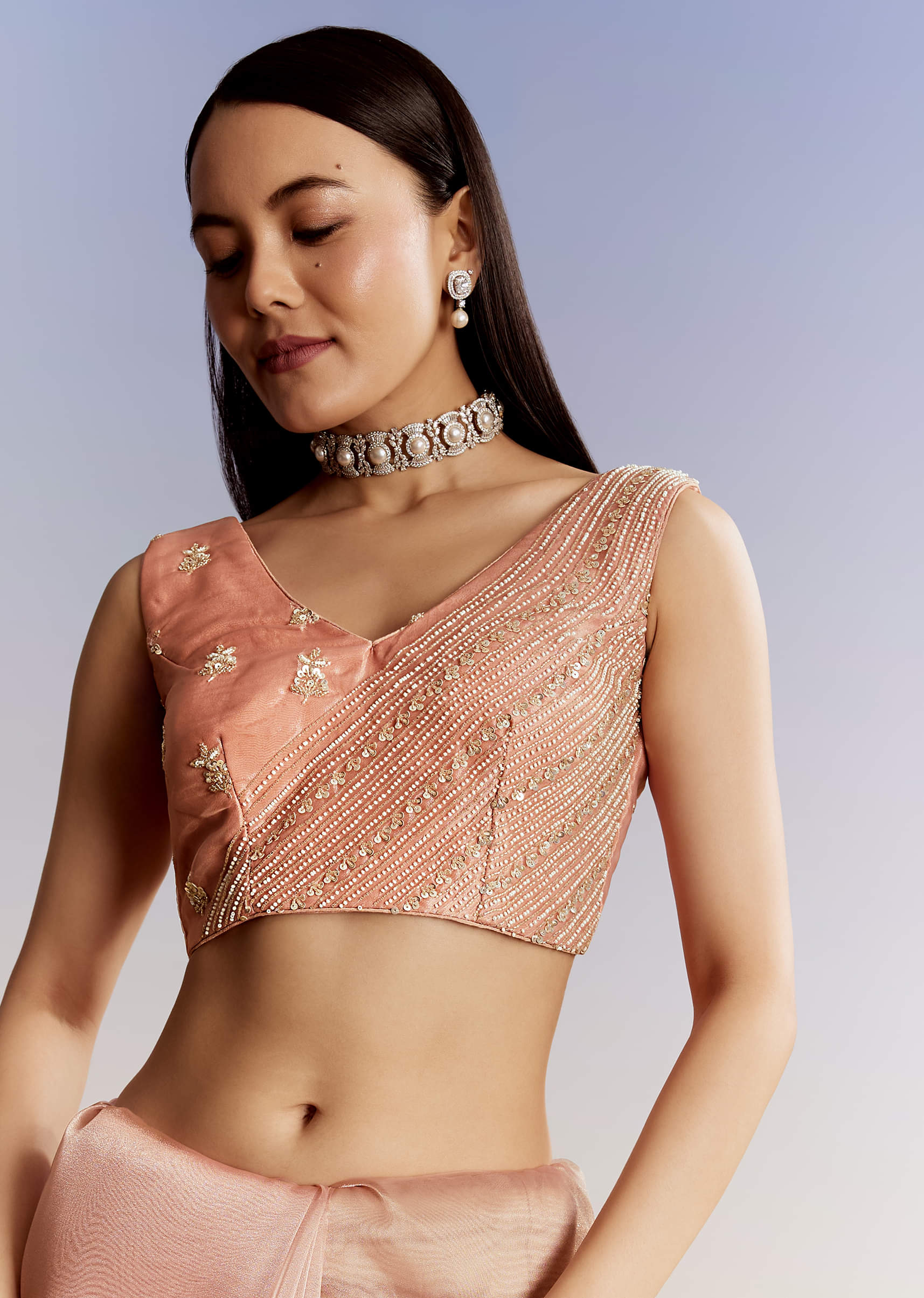 Peach Tissue Saree With Floral Moti And Cutdana Embroidery - Image 7