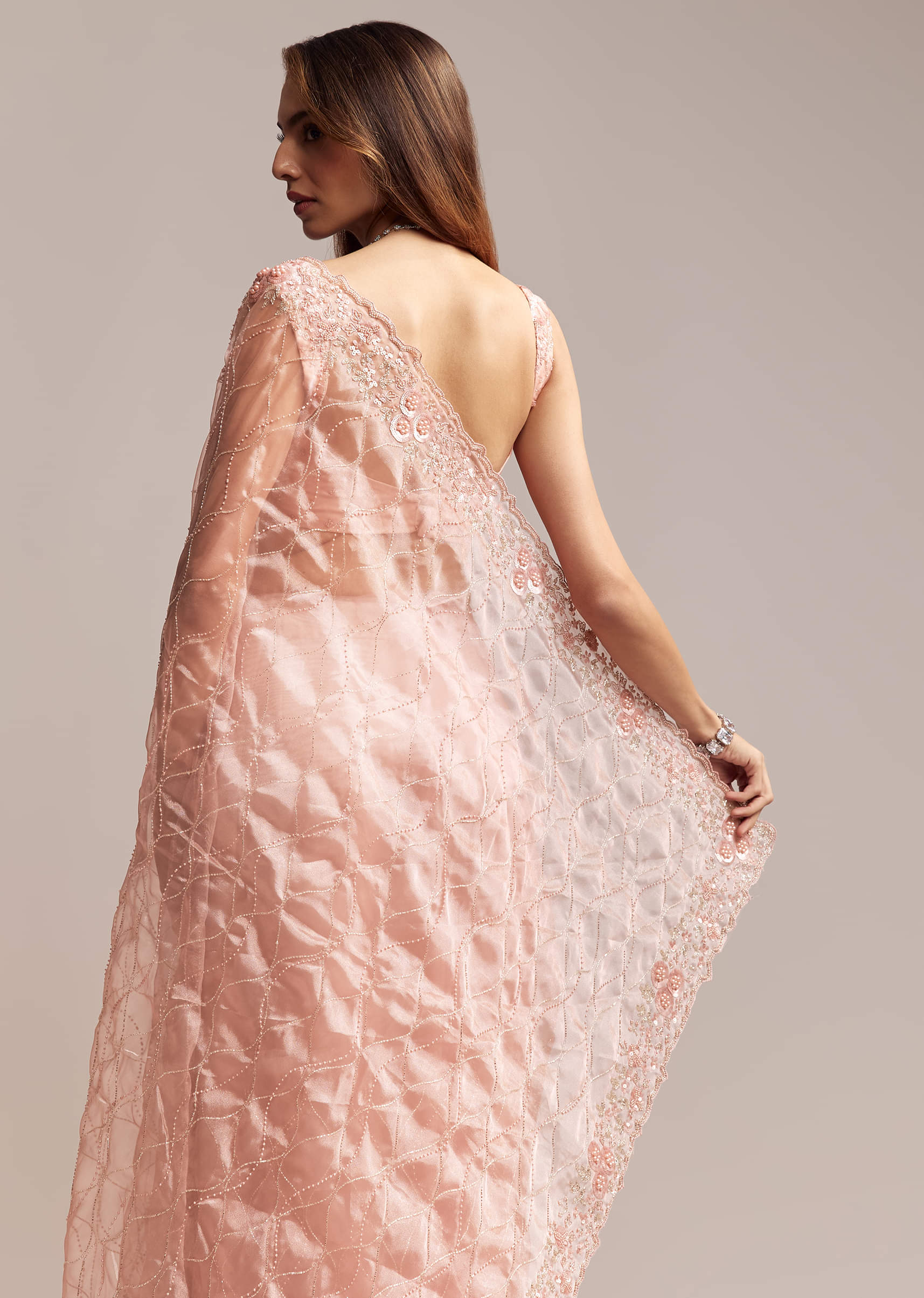 Peach Tissue Saree With Geometric Embroidery - Image 3