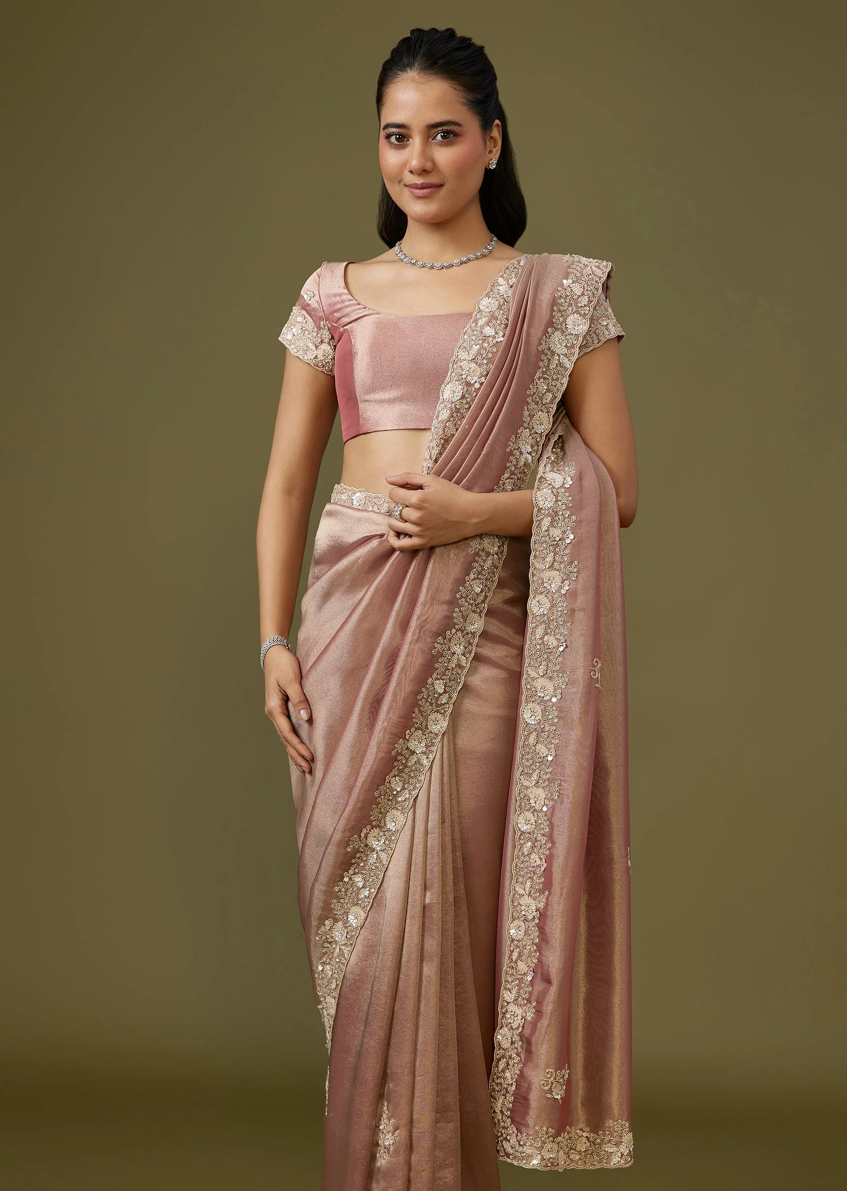 Peach Tissue Saree With Heavy Floral Border And Cutwork - Image 5