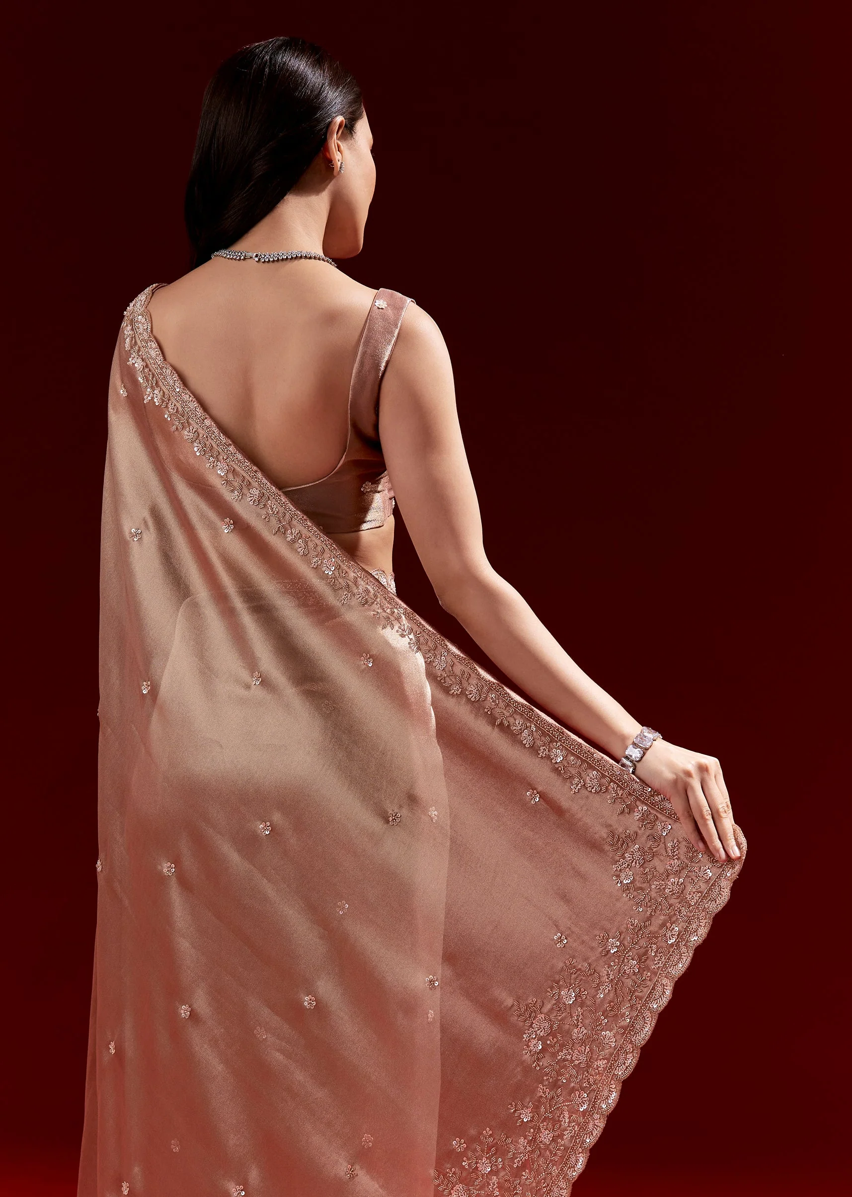 Peach Tissue Saree With Scalloped Embroidered Border And Buttis - Image 6
