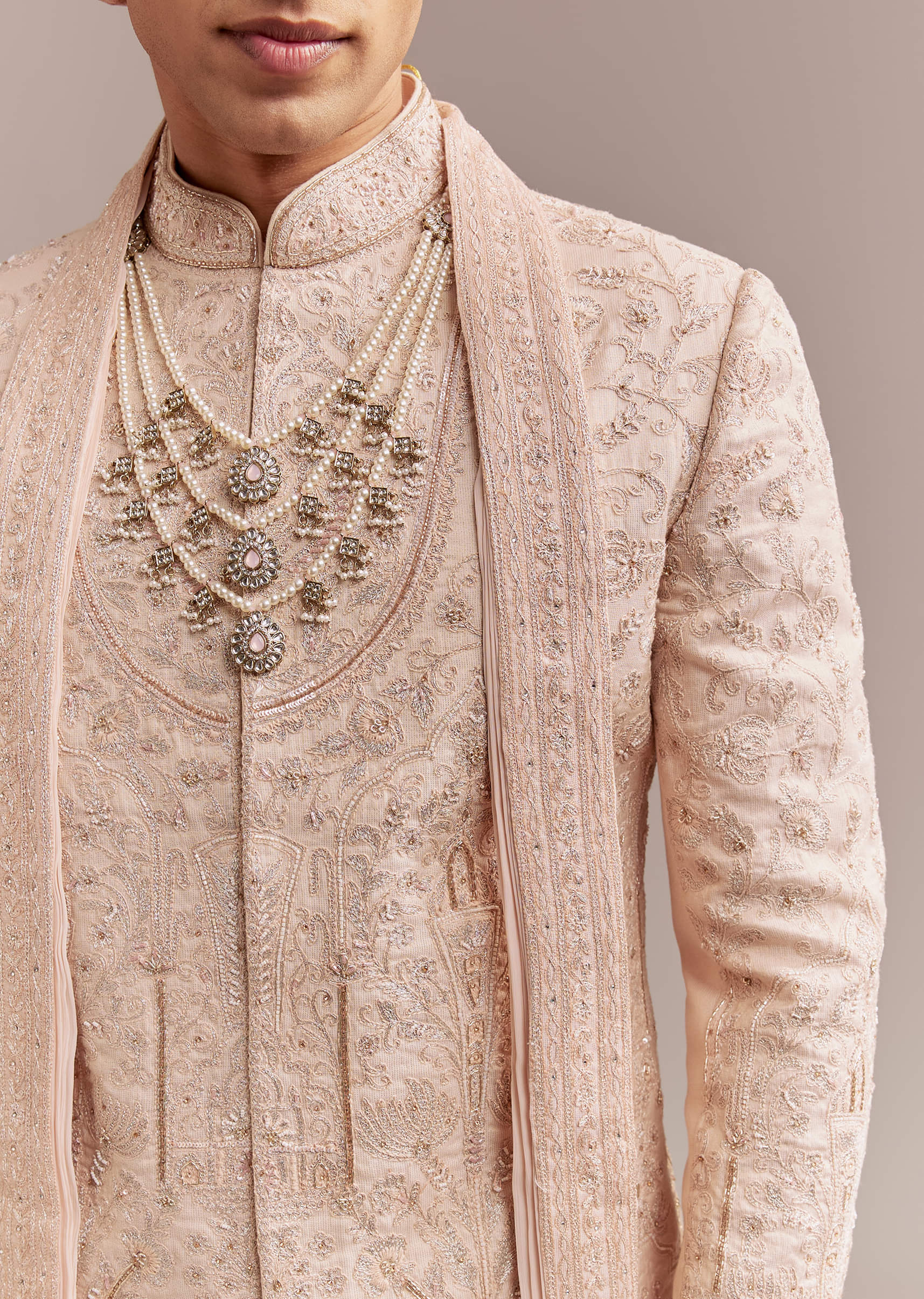 Peach Tissue Sherwani For Groom With Tonal Embroidery - Image 2