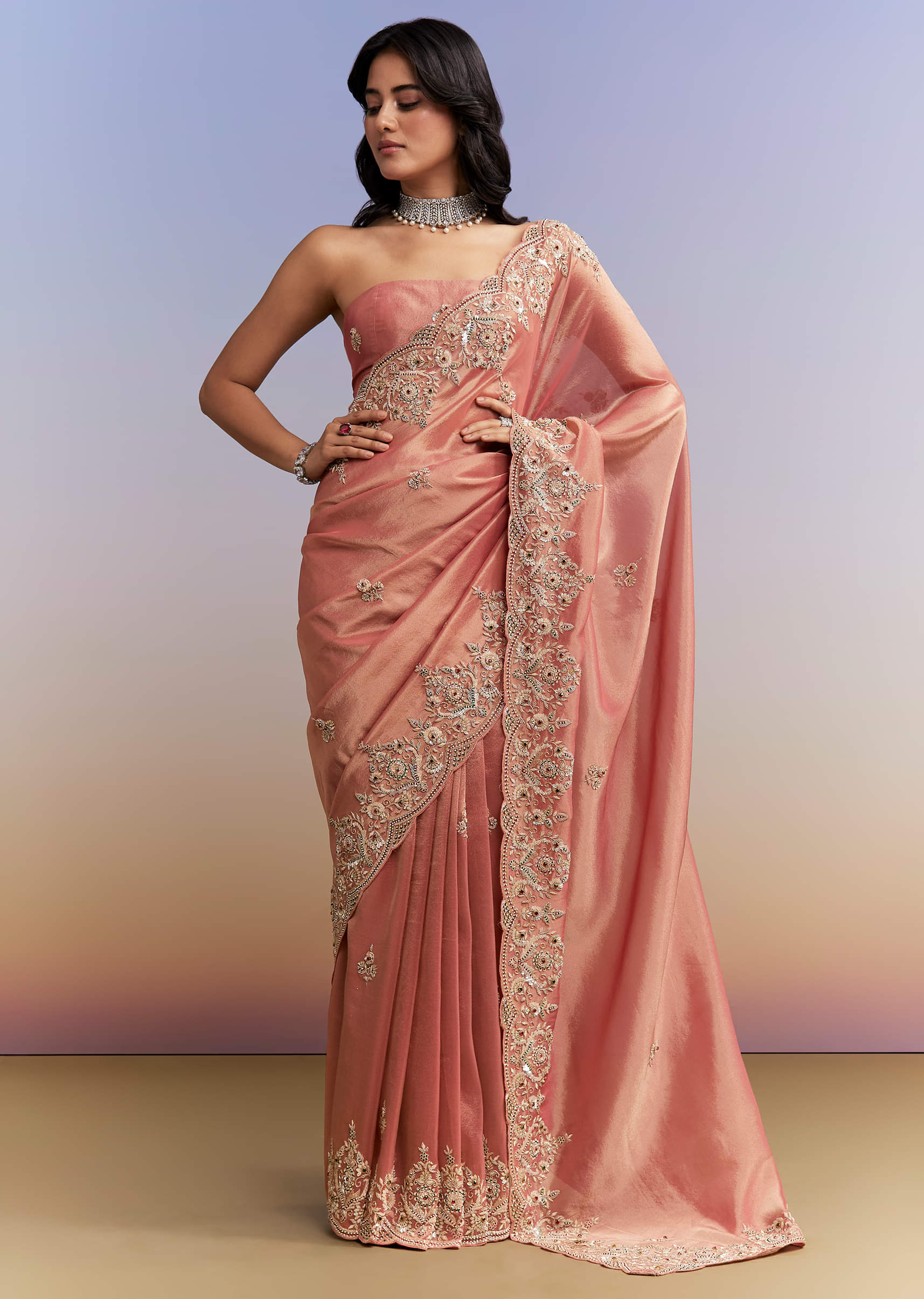 Peach Tissue Silk Saree With Heavy Hand Embroidery