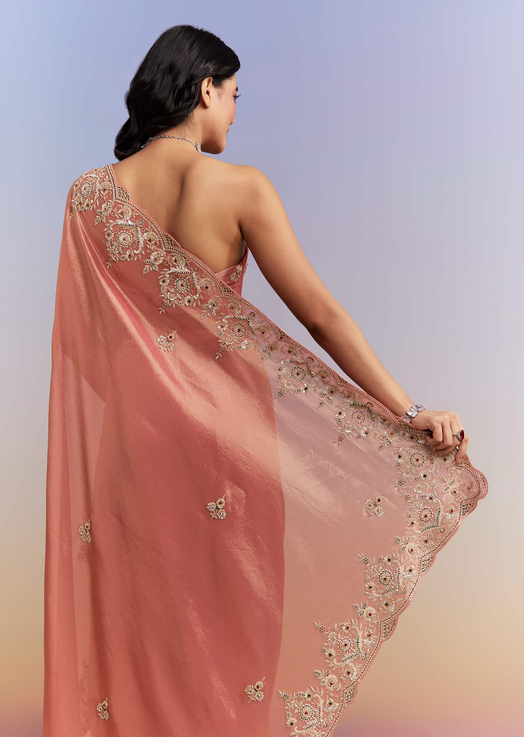 Peach Tissue Silk Saree With Heavy Hand Embroidery - Image 6