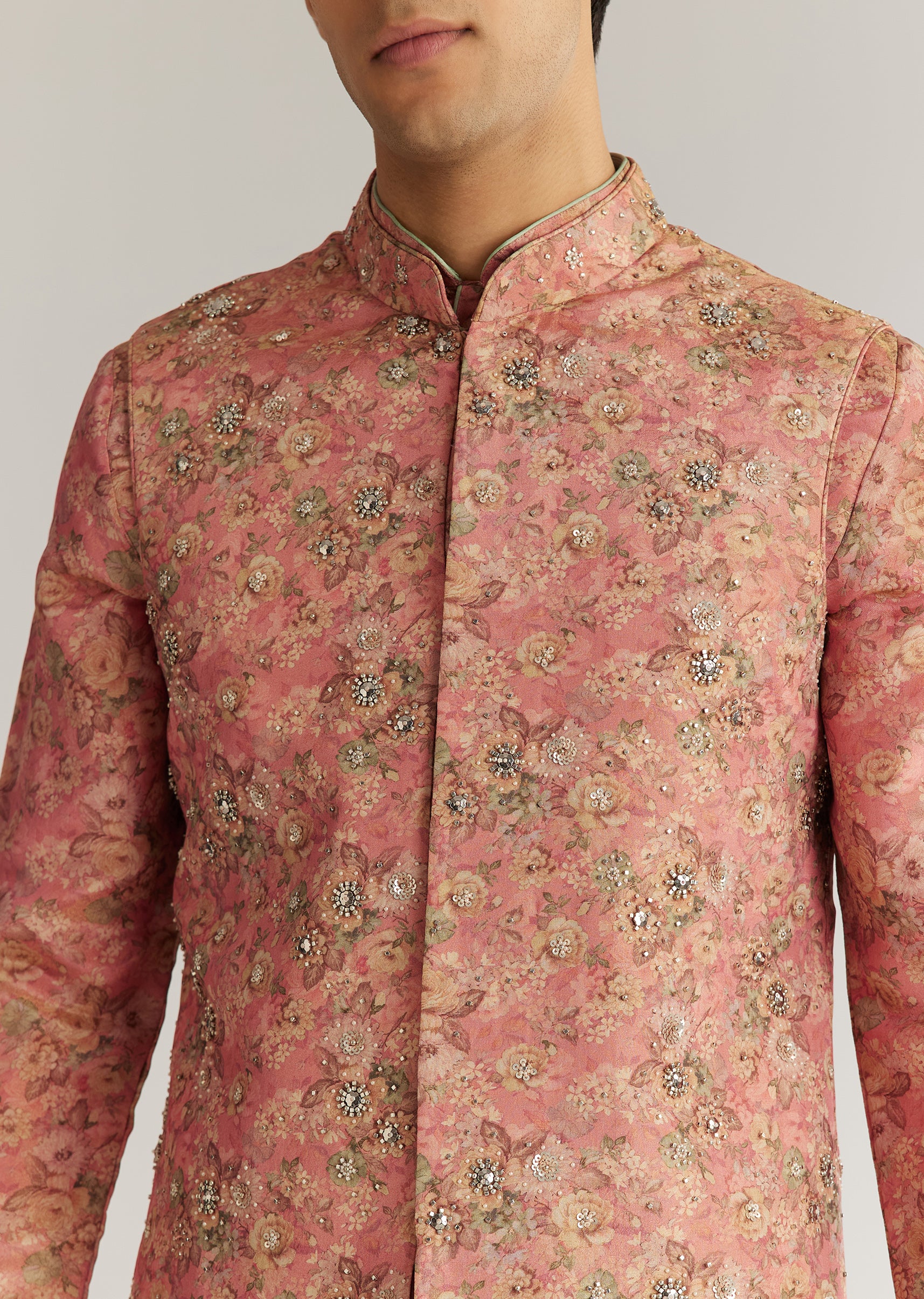 Peach Tissue Stone Sequin Work Kurta Jacket Set - Image 3