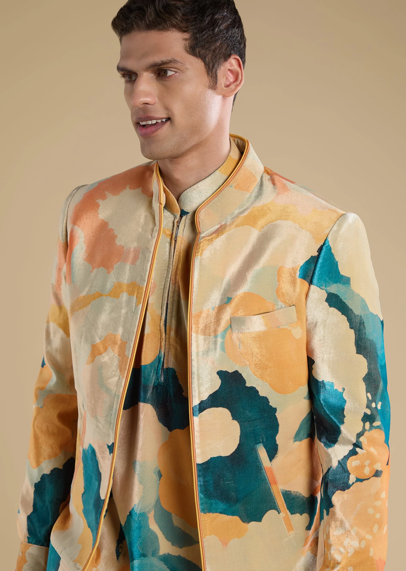 Peach Velvet Jodhpuri Set With Kurta And Pants - Image 2