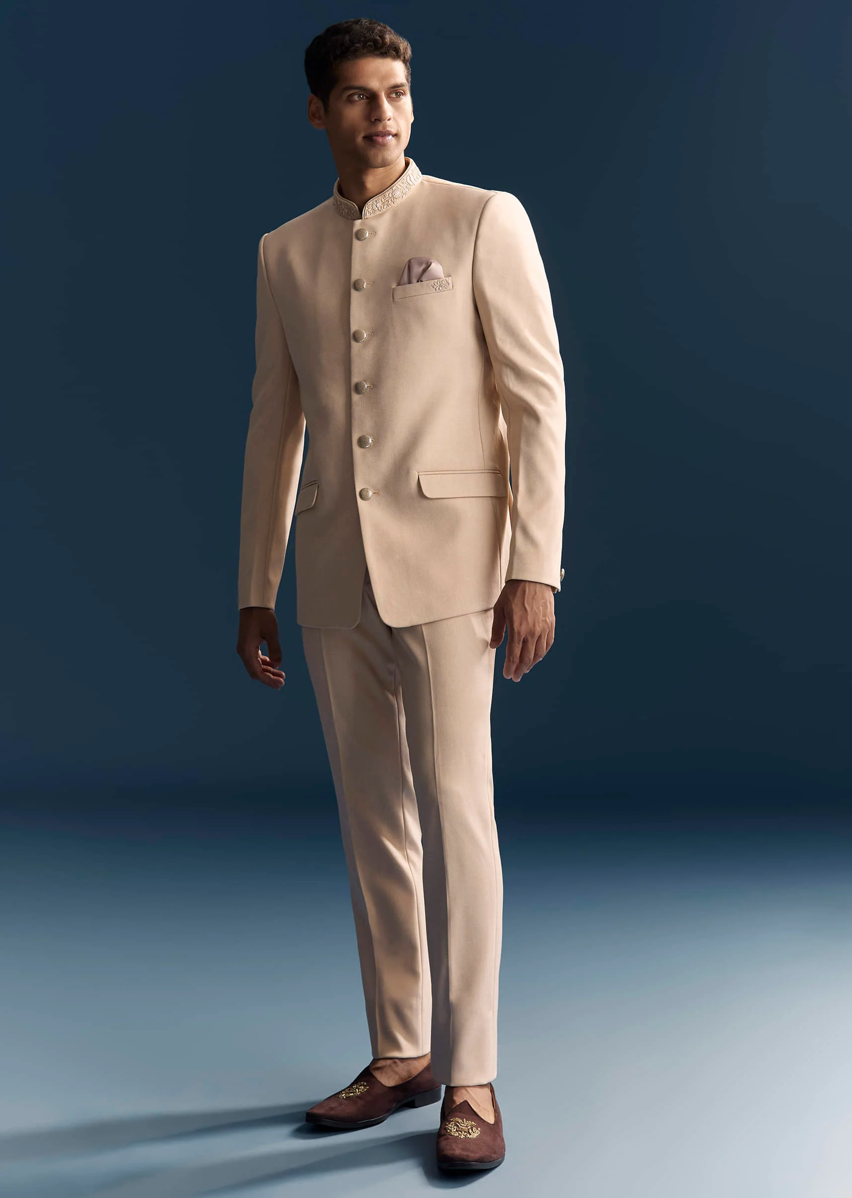 Peach Viscose Jodhpuri Suit For Men With Hand Embroidery - Image 4