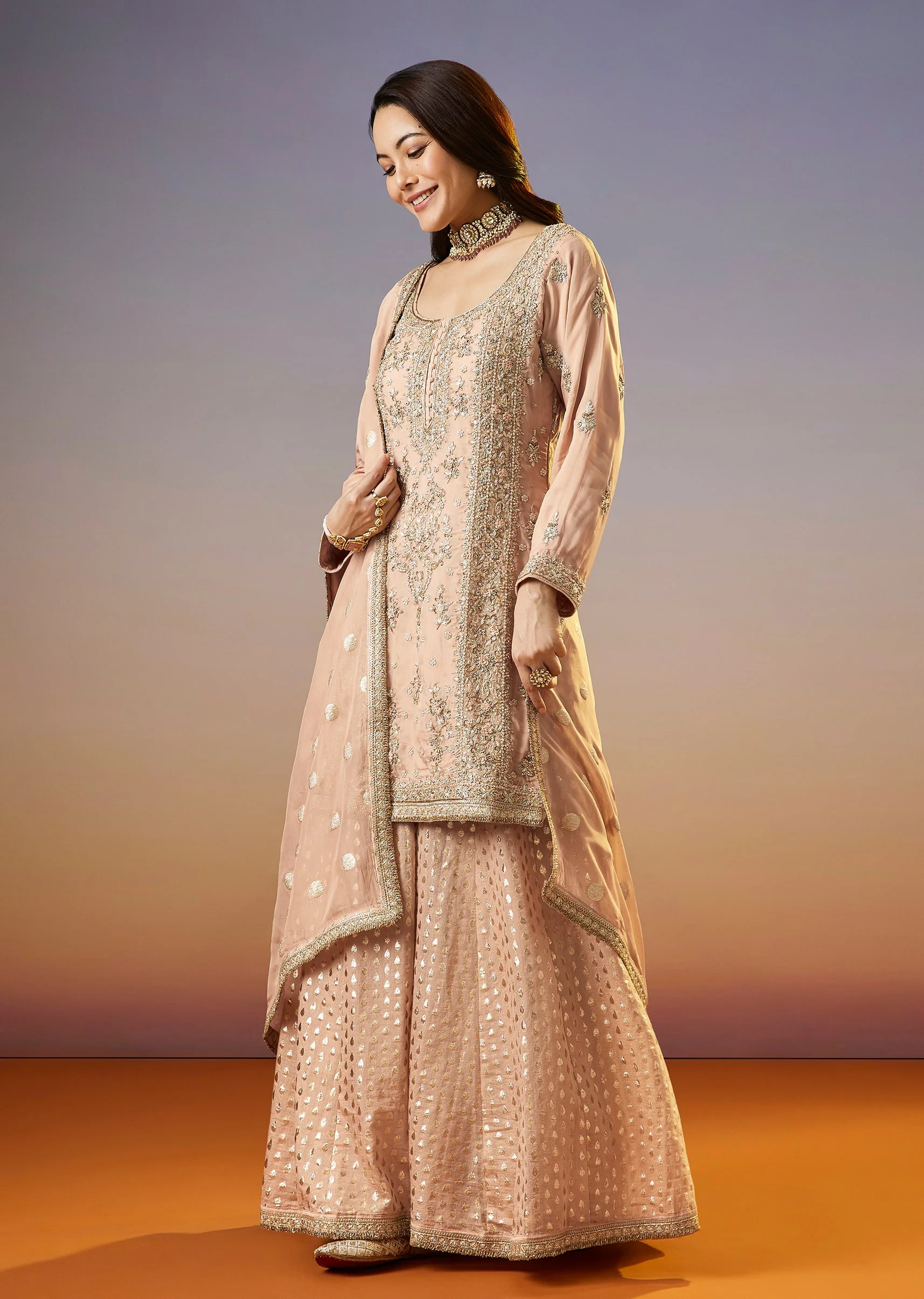 Peach Zardosi Organza Palazzo Suit With Dupatta - Image 3
