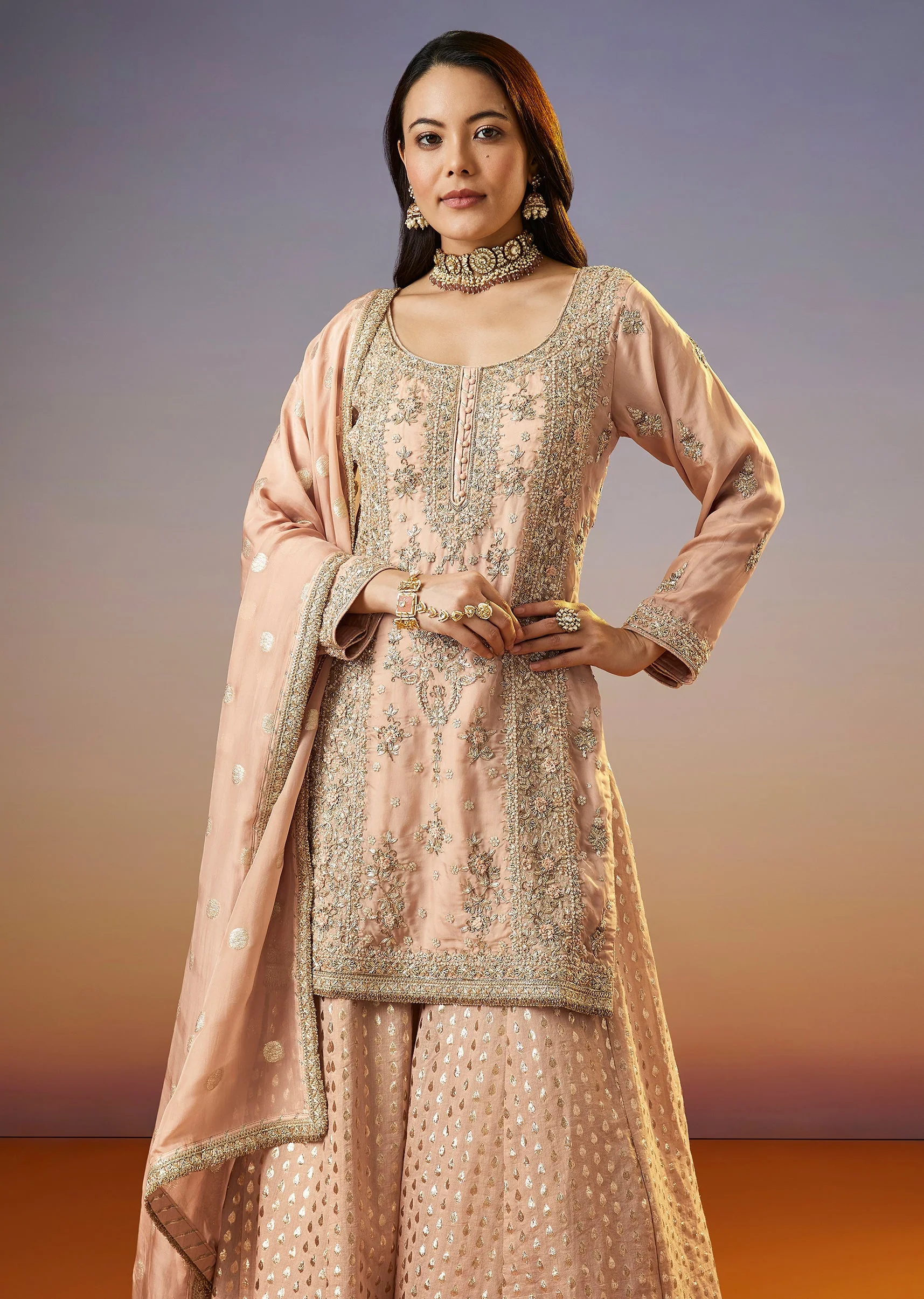 Peach Zardosi Organza Palazzo Suit With Dupatta - Image 4