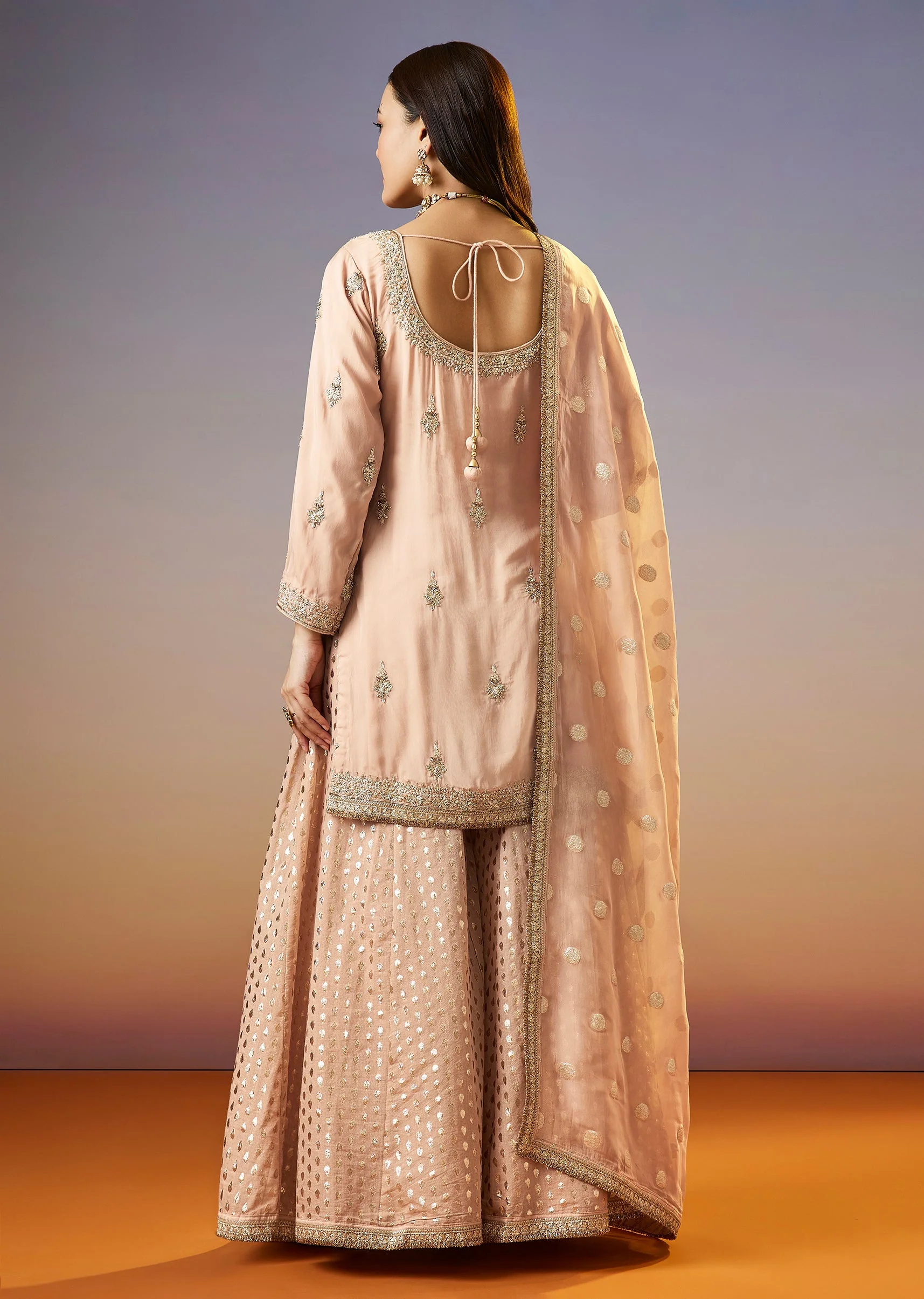 Peach Zardosi Organza Palazzo Suit With Dupatta - Image 5