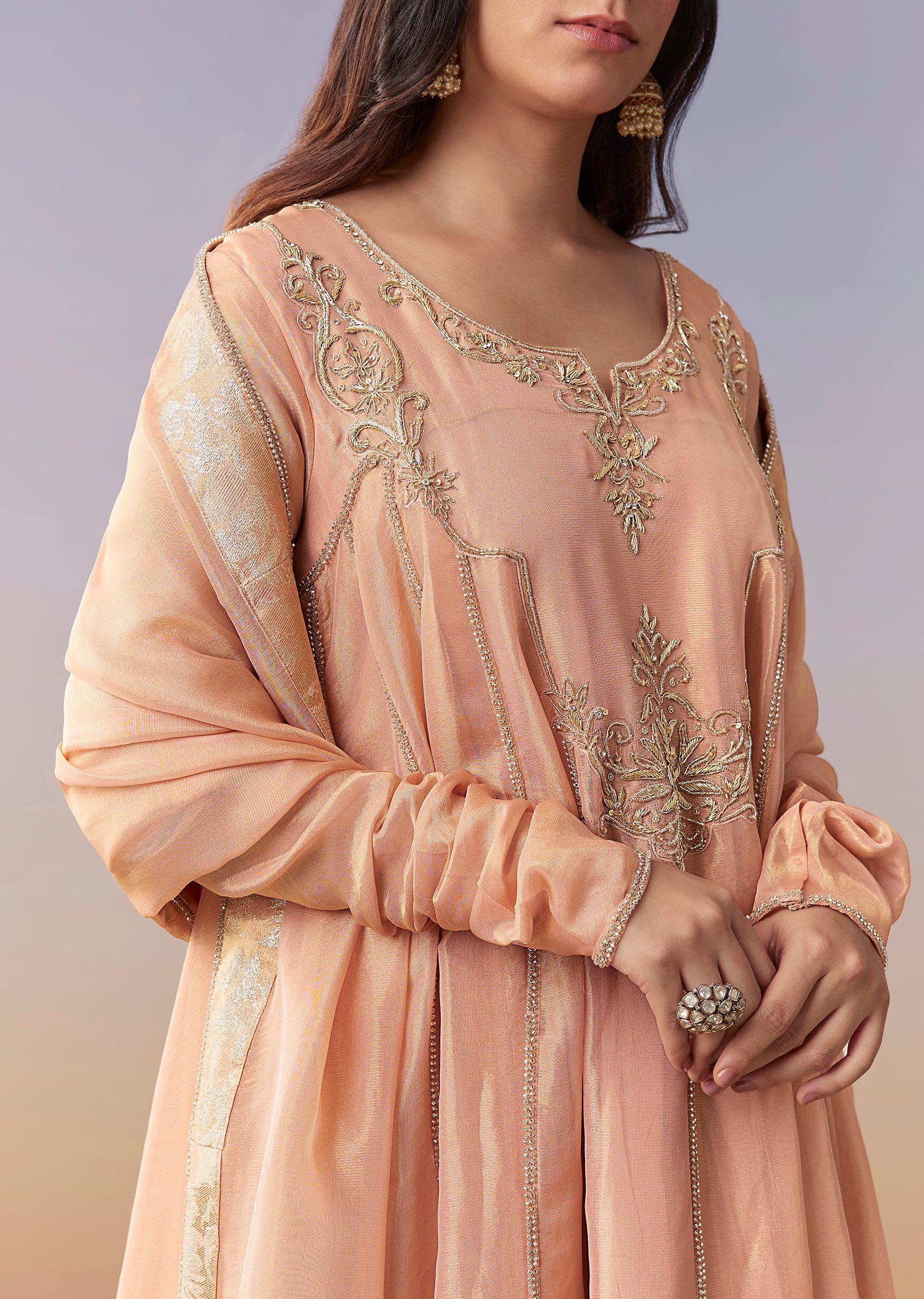 Peach Zardosi Tissue Anarkali Suit Set With Pant And Dupatta - Image 2