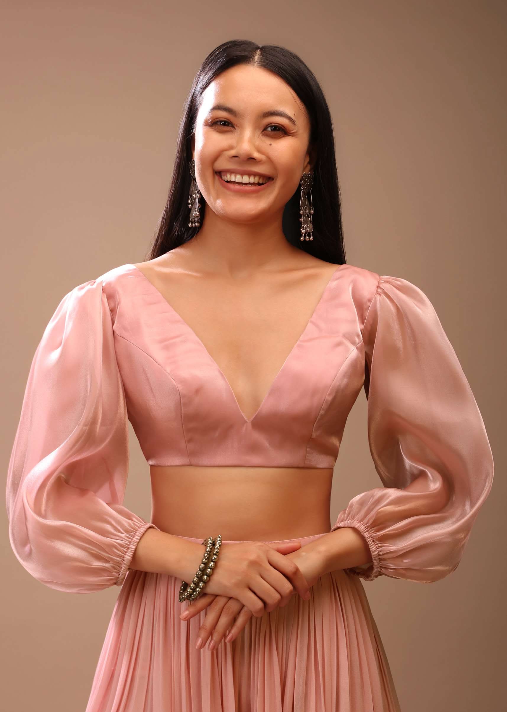 Peach skin Blouse In Organza With Plunging V Neckline And Three Quarter Balloon Sleeves - Image 3