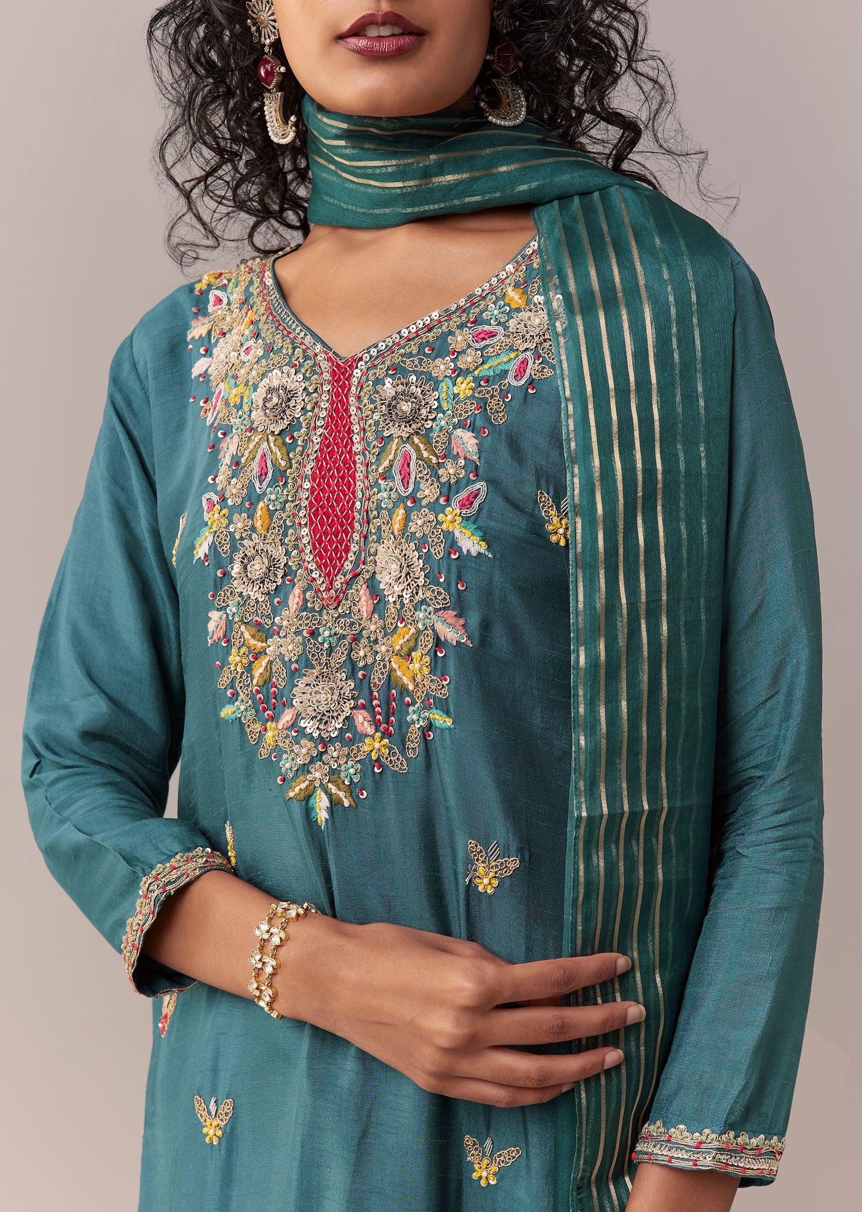 Peacock Blue Asymmetric Short Anarkali Set With Dupatta - Image 2