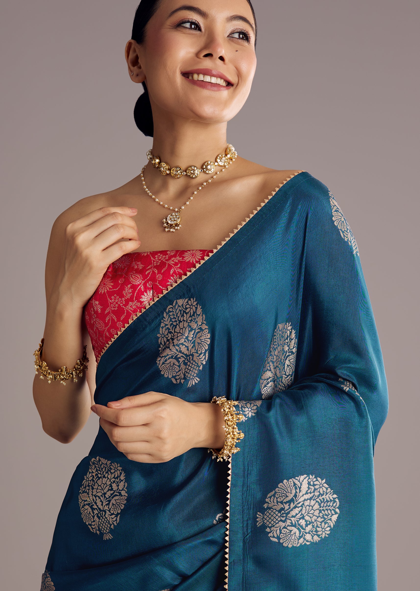 Peacock Blue Dola Silk Brocade Saree With Gotapatti Border - Image 3