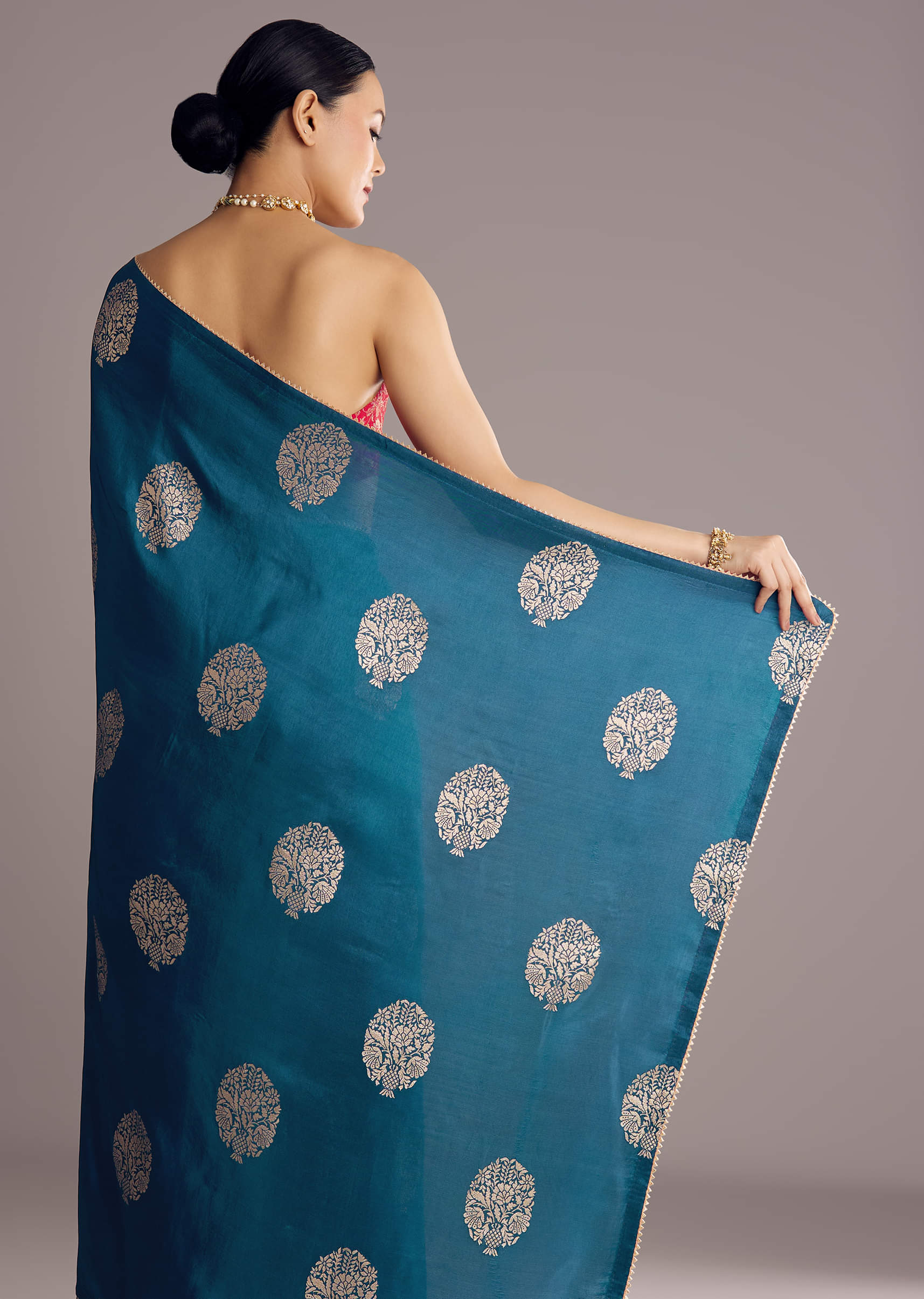 Peacock Blue Dola Silk Brocade Saree With Gotapatti Border - Image 4
