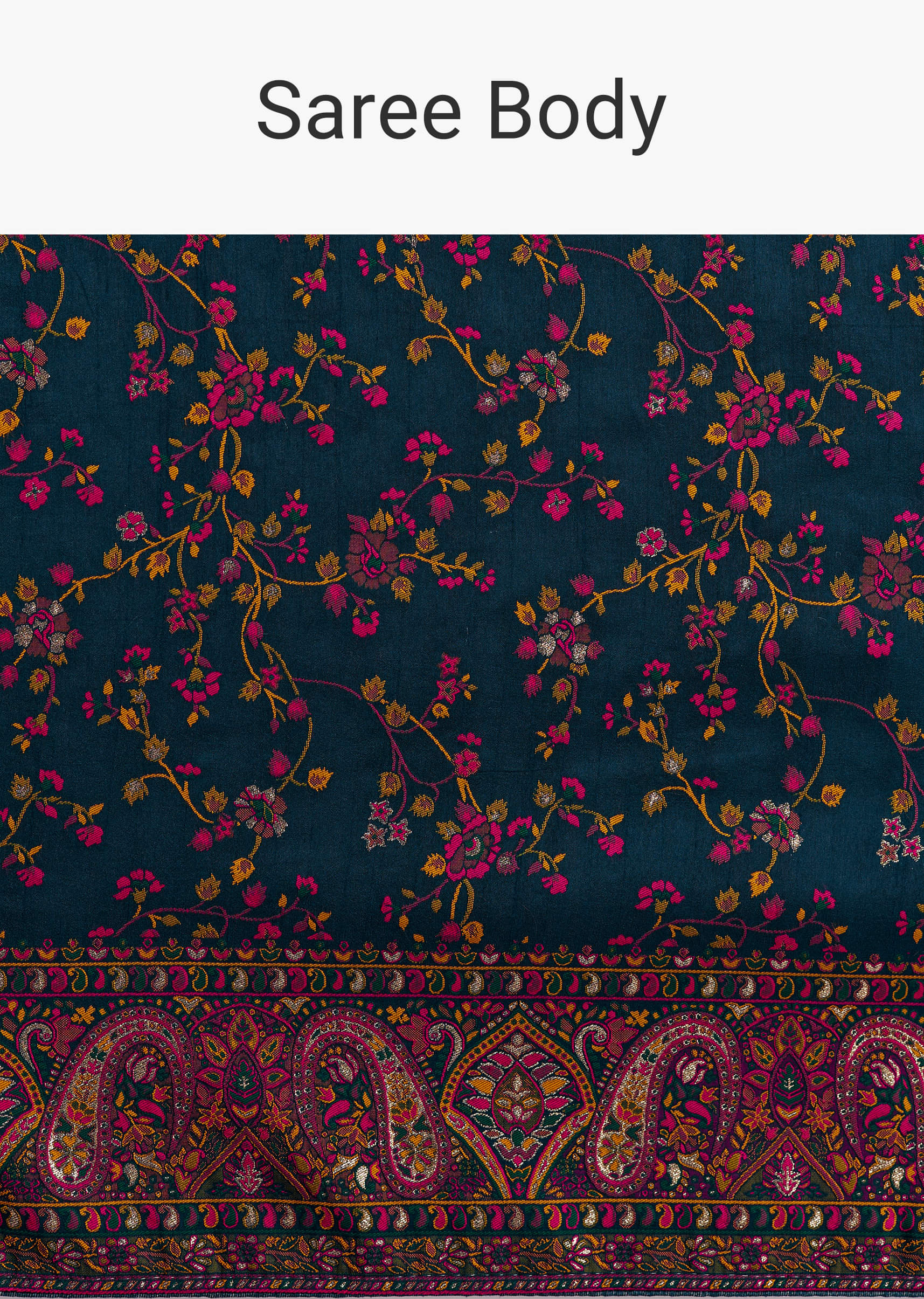 Peacock Blue Dola Silk Saree With Floral Jaal Weave - Image 9