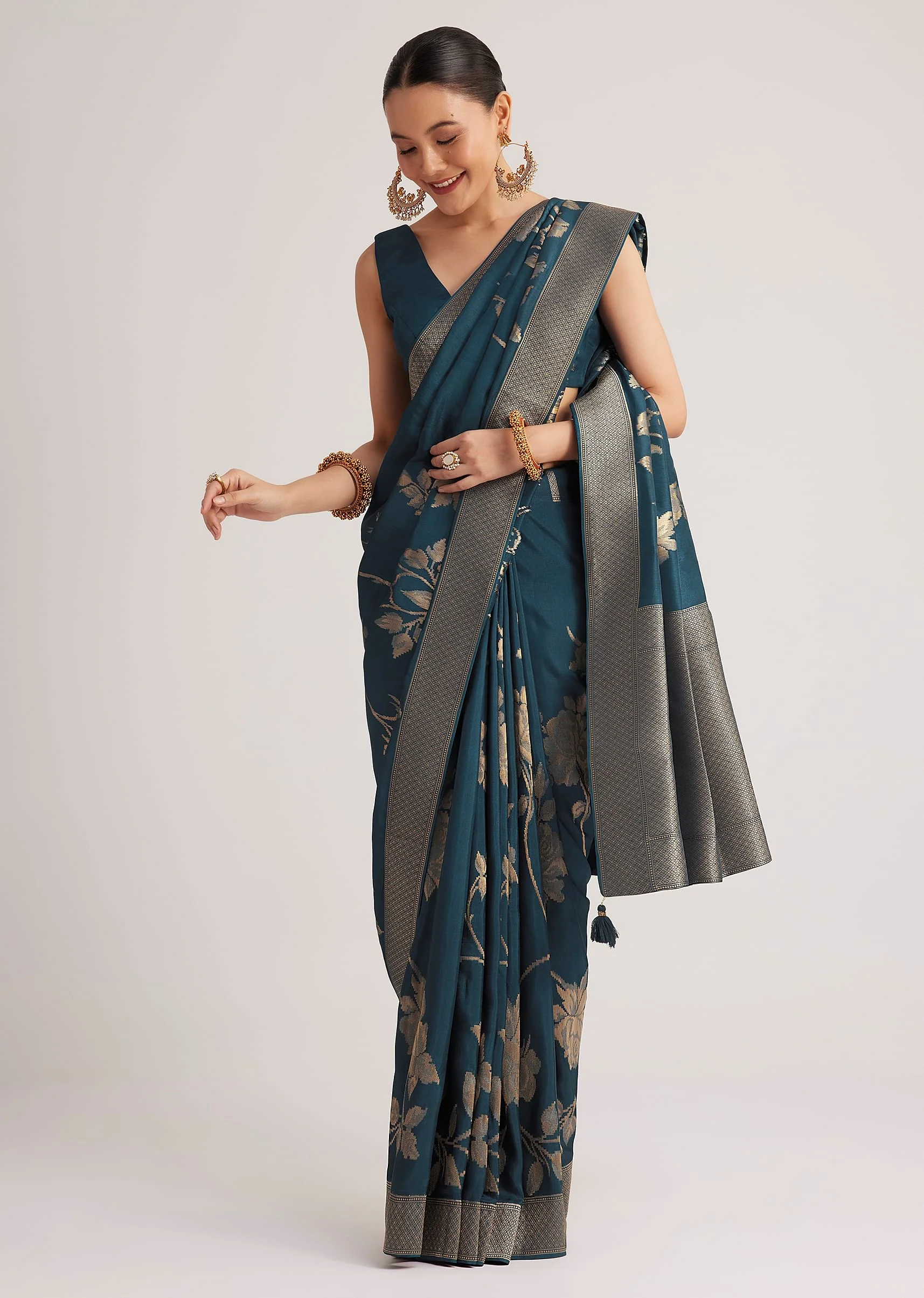Peacock Blue Dola Silk Saree With Floral Motif - Image 2