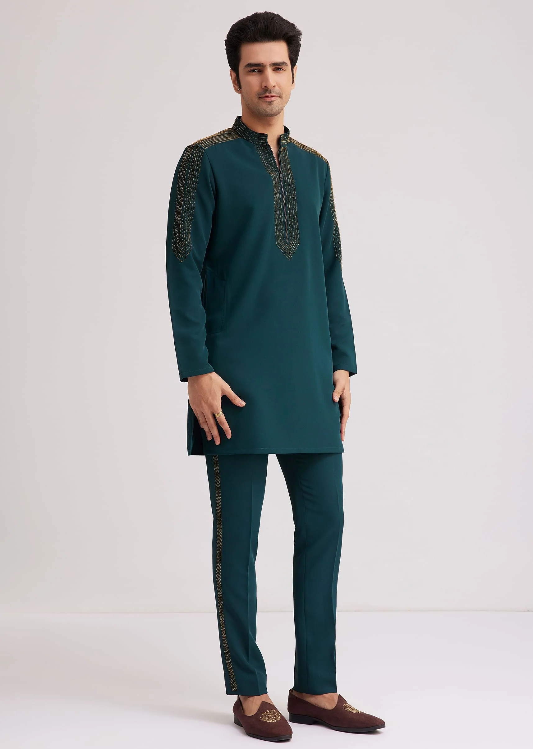 Peacock Blue Lycra Kurta Set With Bead Work - Image 2