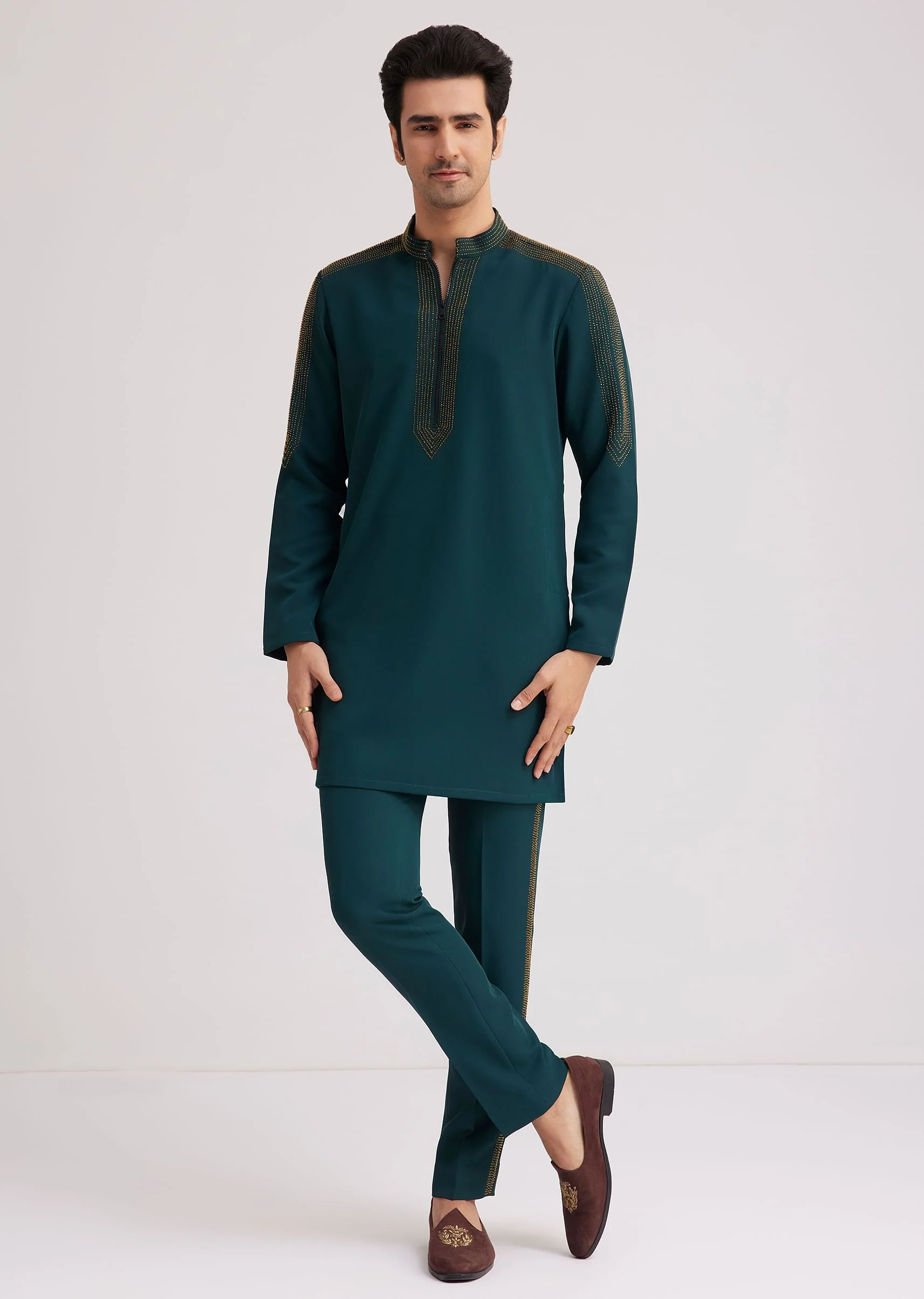 Peacock Blue Lycra Kurta Set With Bead Work - Image 4