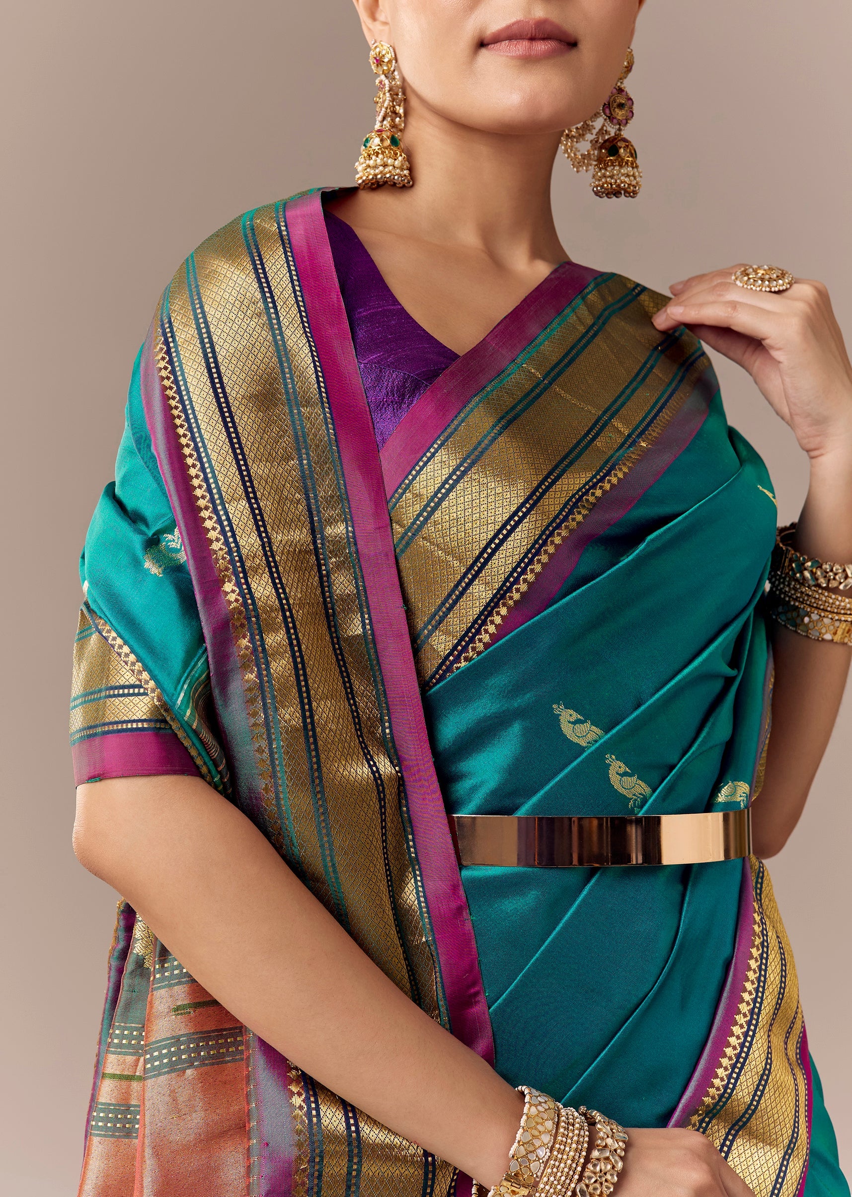 Peacock Blue Maharani Paithani Saree with Wine Pallu - Image 2