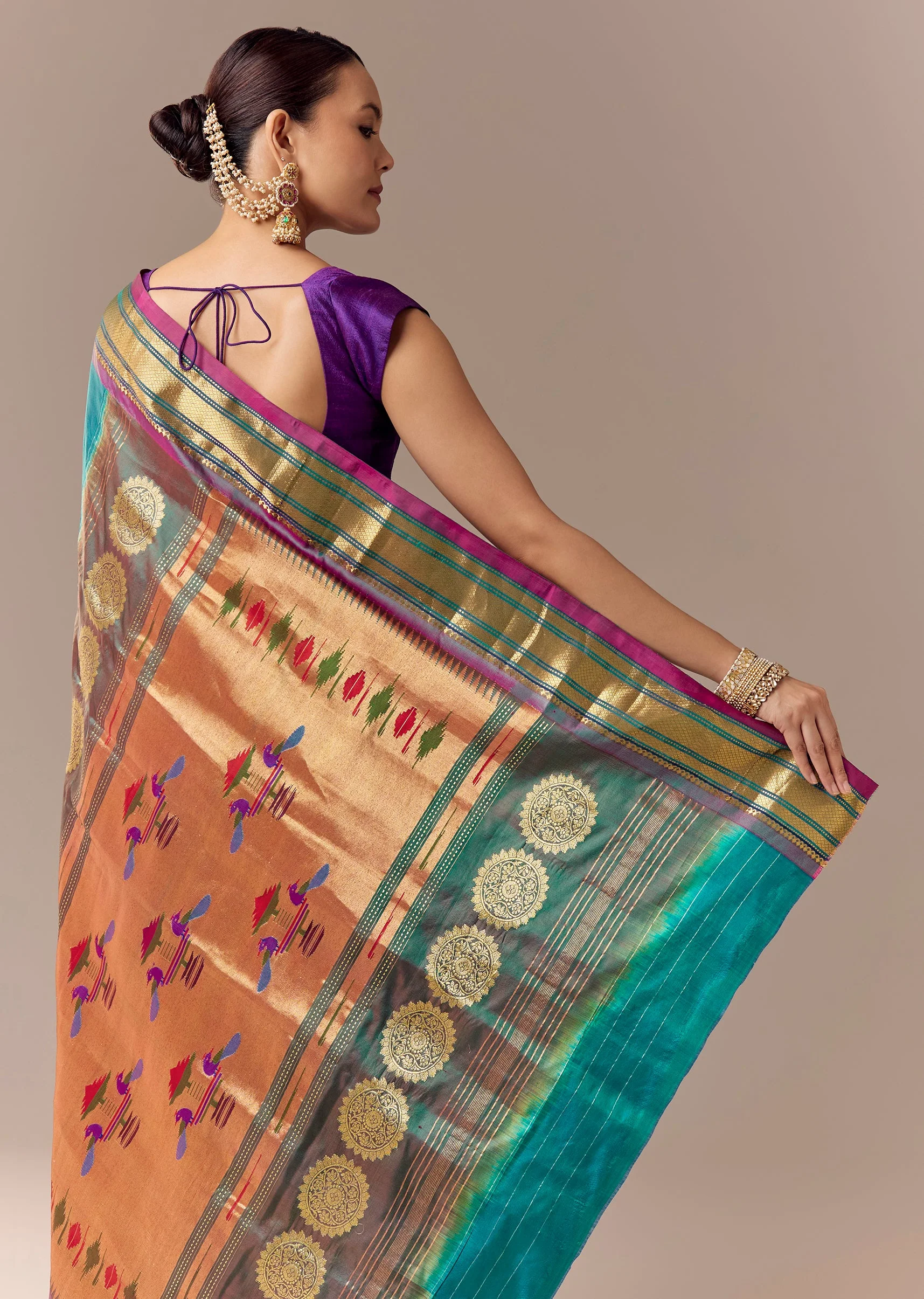 Peacock Blue Maharani Paithani Saree with Wine Pallu - Image 6