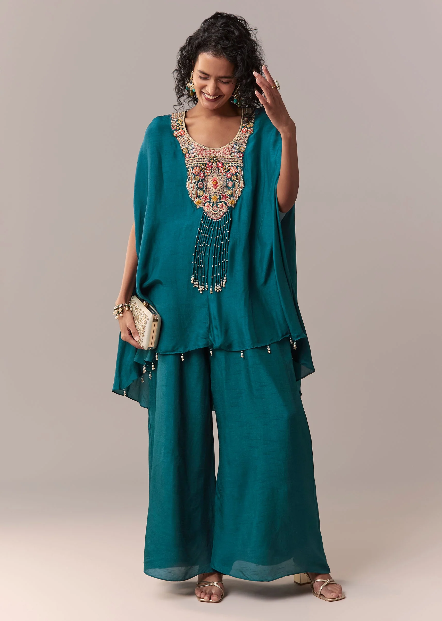 Peacock Blue Silk Cape Co-ord Set