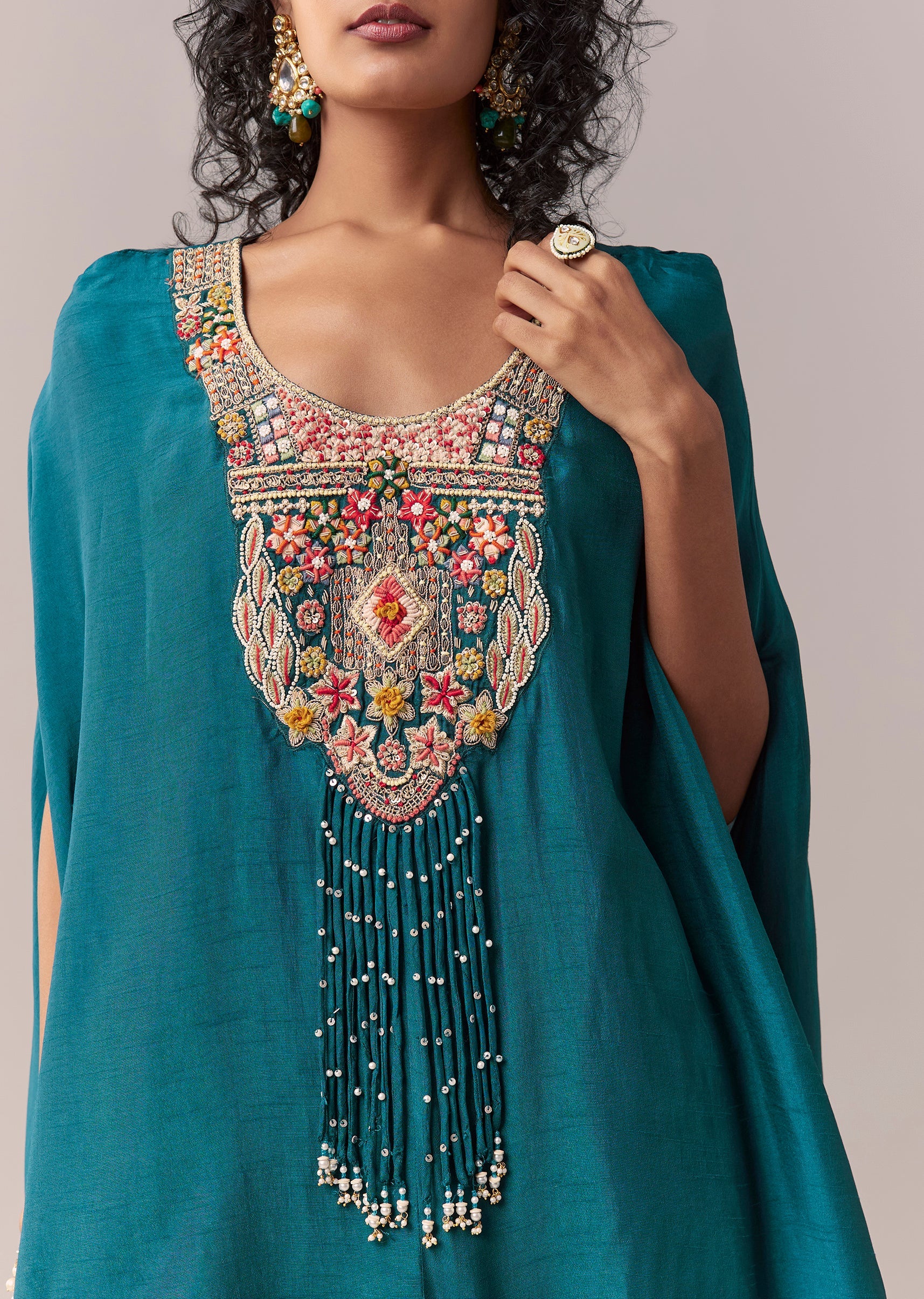 Peacock Blue Silk Cape Co-ord Set - Image 2
