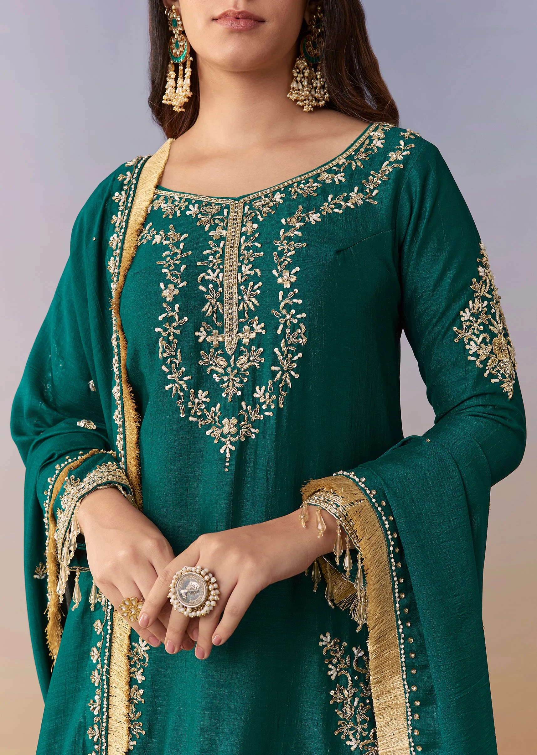 Peacock Blue Zardosi Sharara Suit Set With Dupatta - Image 2