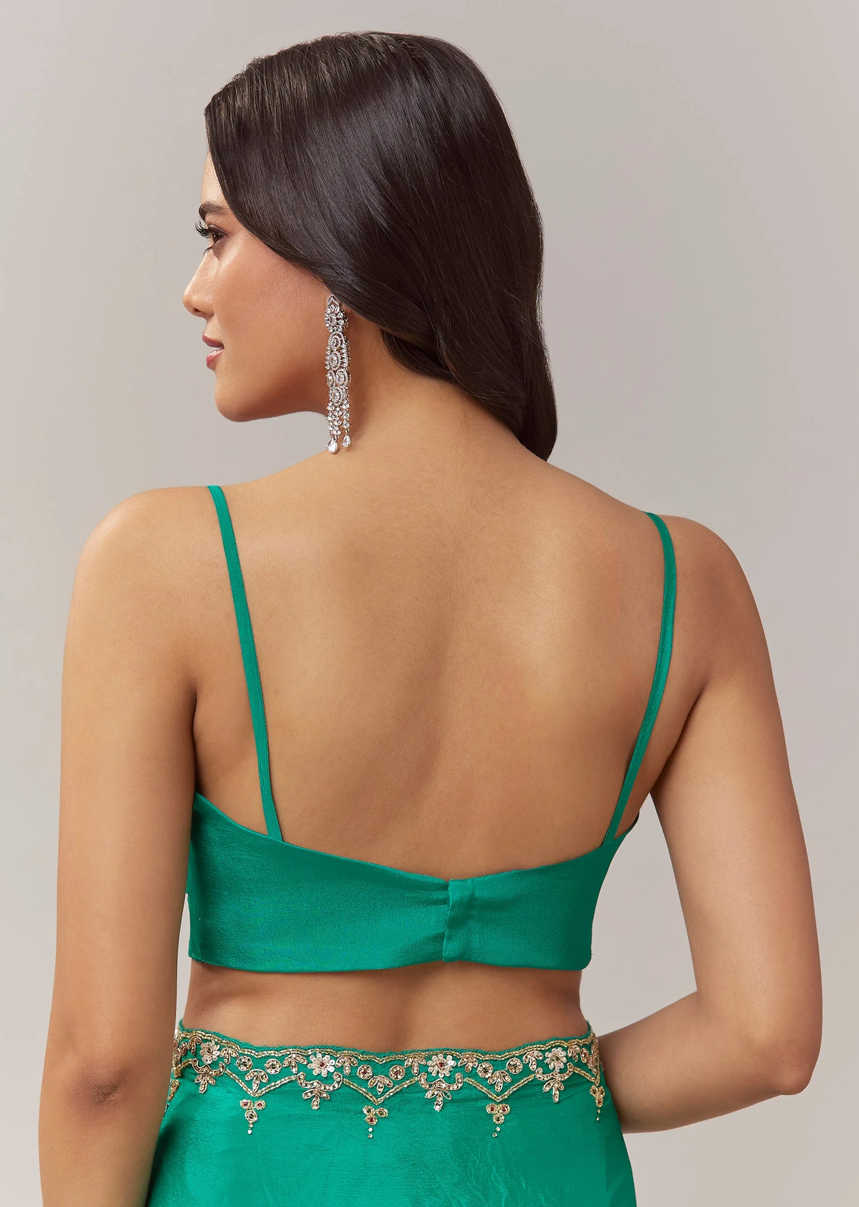 Peacock Green Chinon Saree With Floral Handwork Embroidery - Image 8
